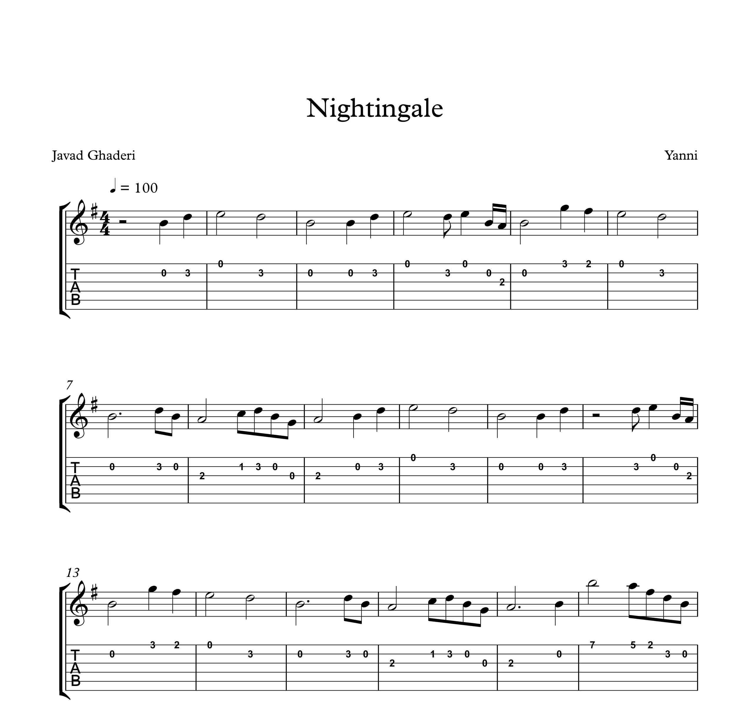 نت ساده گیتار قطعه Nightingale از یانی