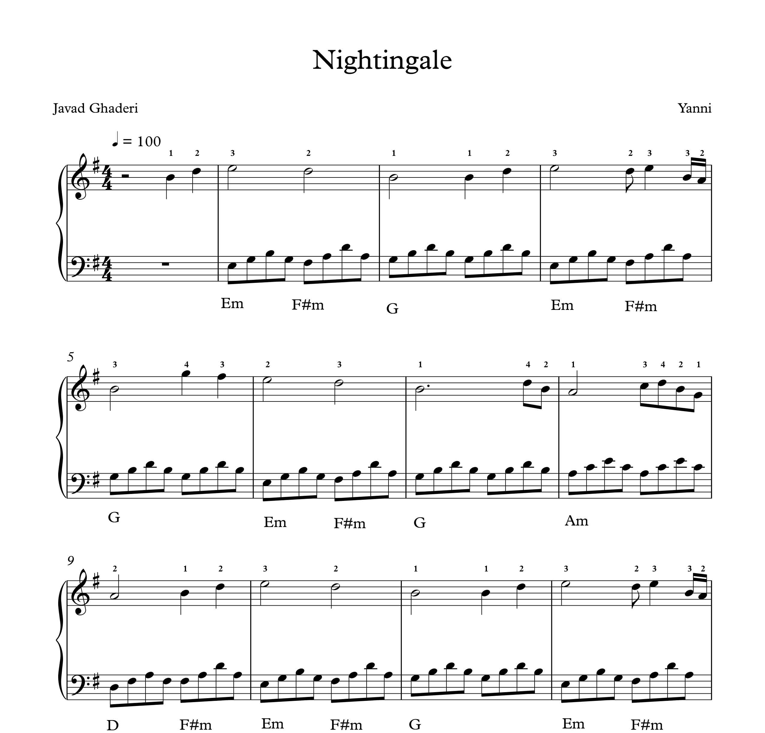نت پیانو ساده Nightingale از یانی همراه با انگشت گذاری