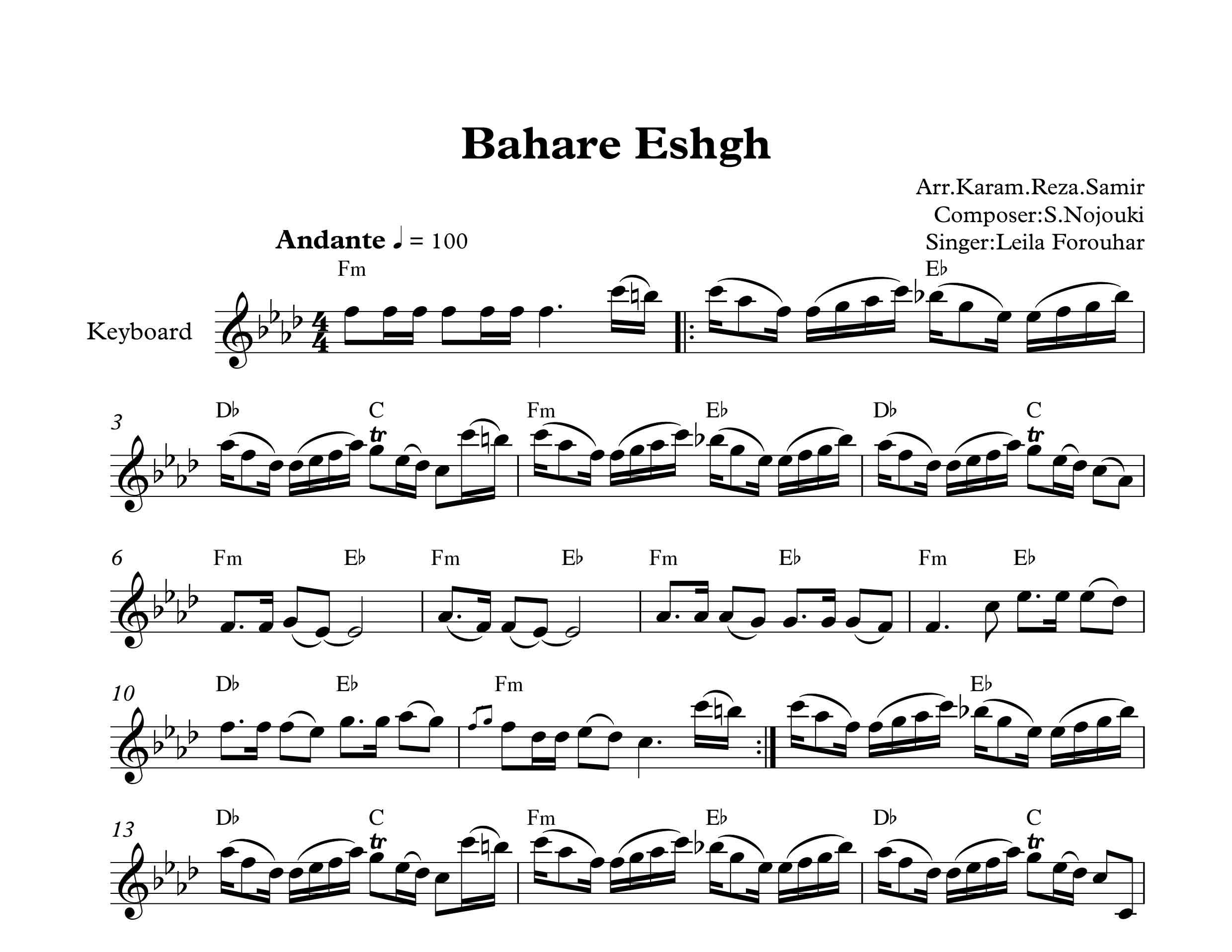 نت کیبورد بهار عشق لیلا فروهر به همراه آکورد