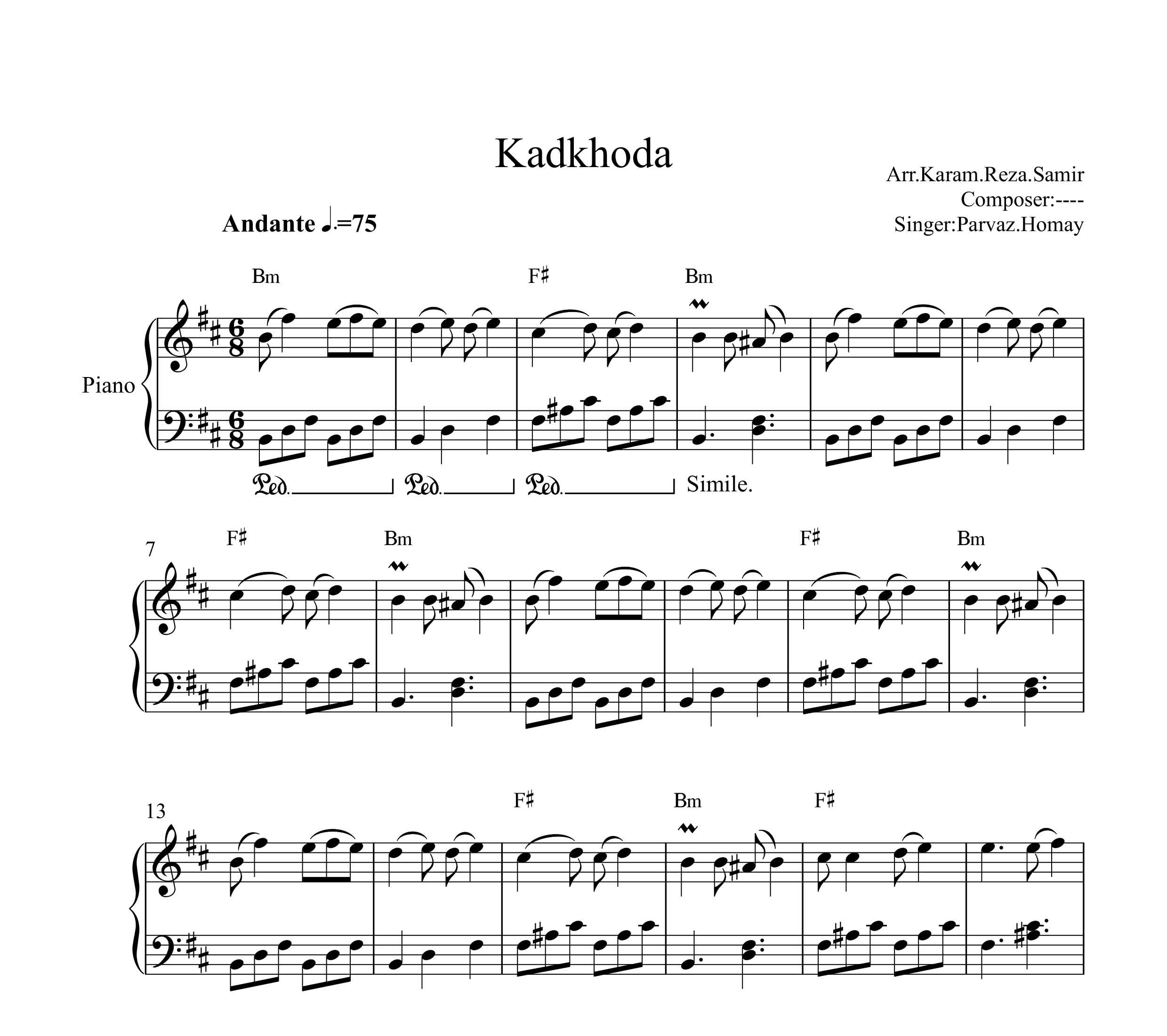 نت پیانو کدخدای ده ما پرواز همای با آکورد