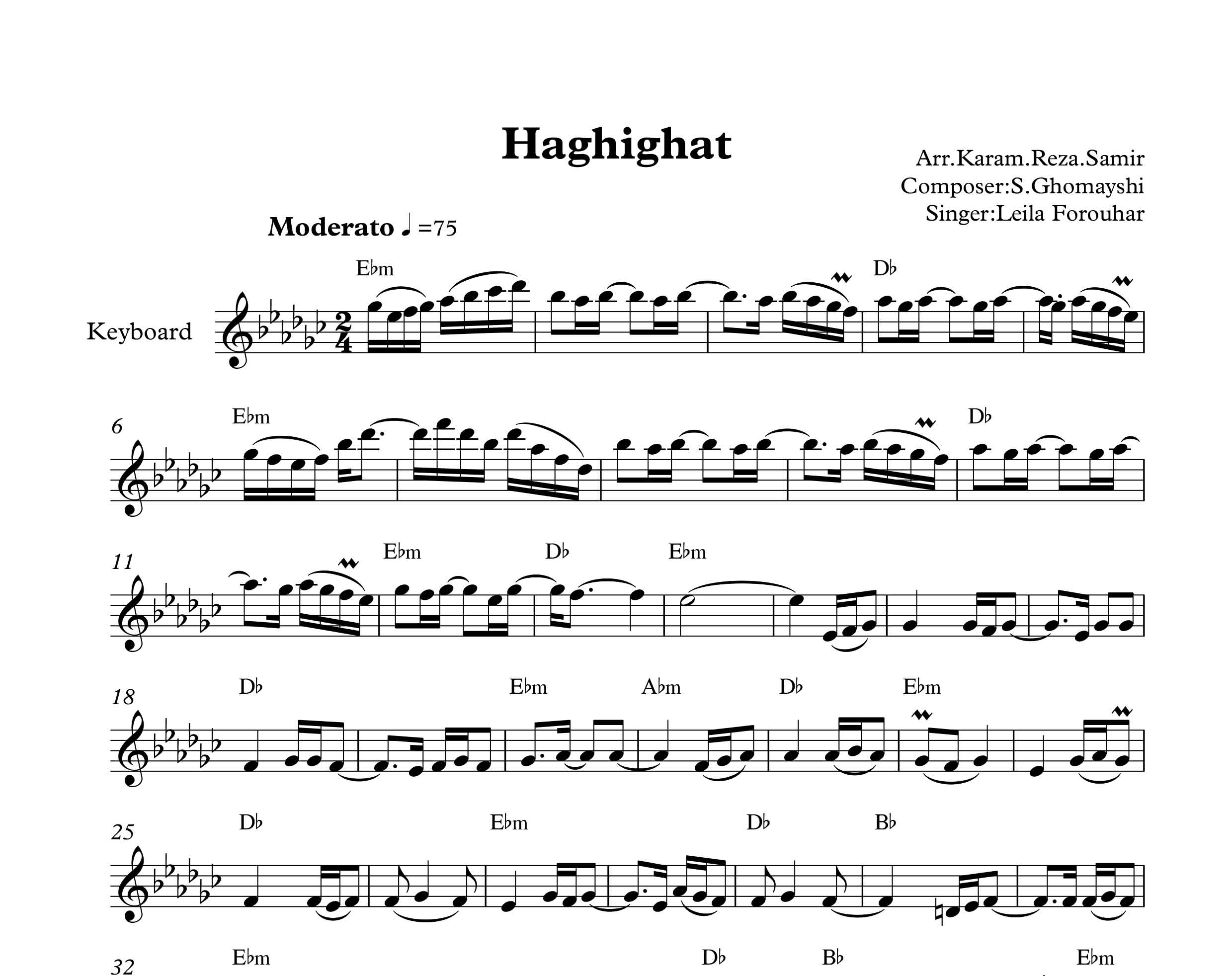 نت کیبورد حقیقت لیلا فروهر با آکورد