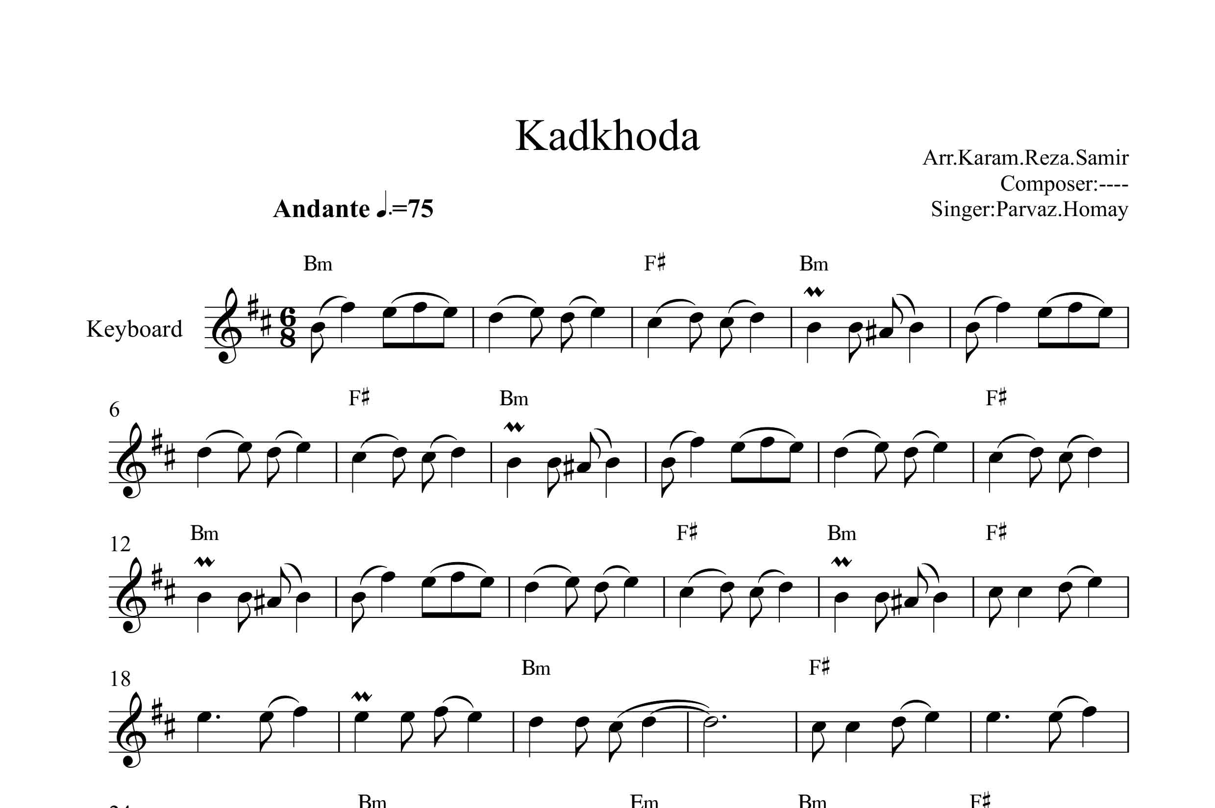 نت کیبورد کدخدای ده ما پرواز همای با آکورد