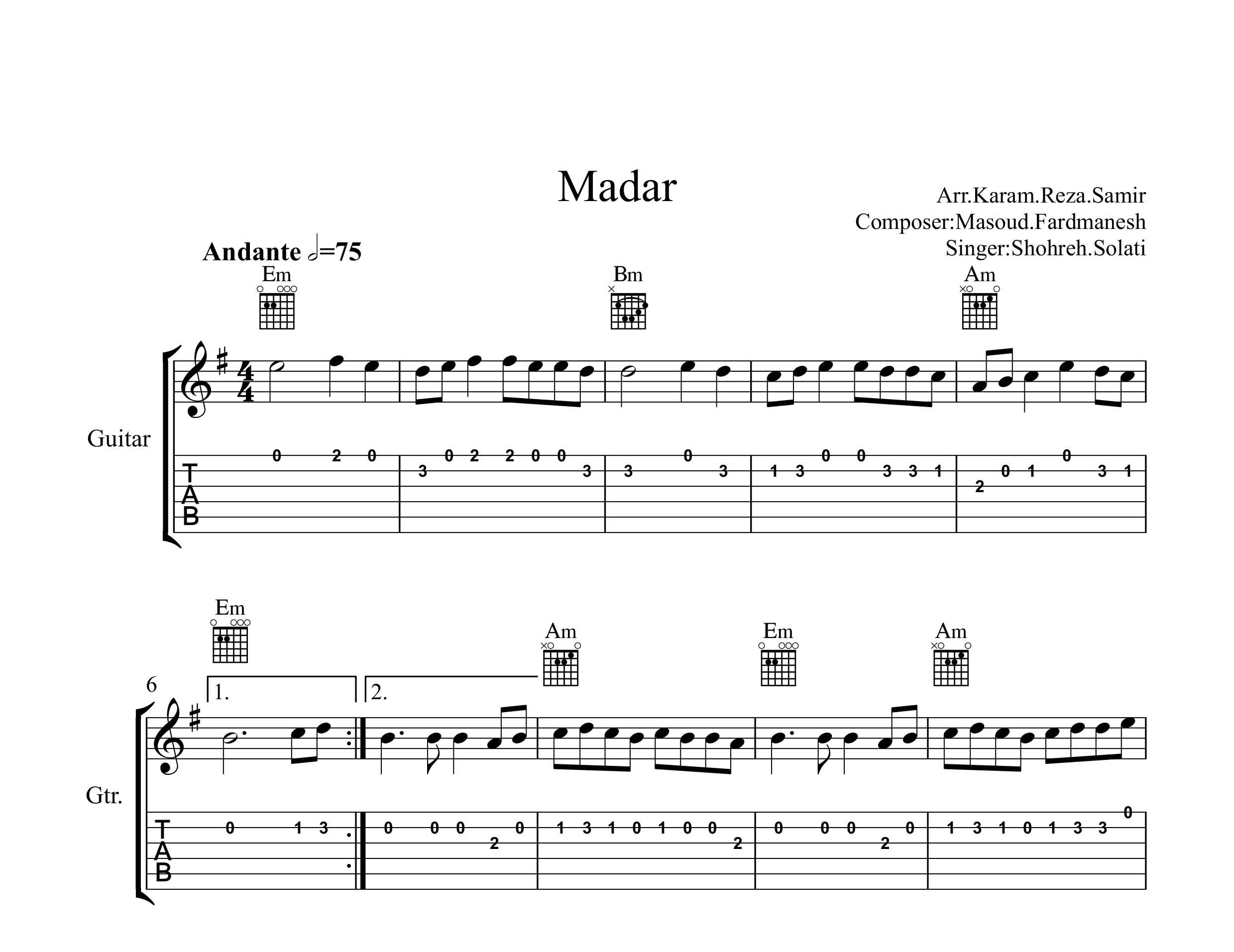 نت و تبلچر آهنگ مادر از شهره و مسعود فردمنش برای گیتار به همراه آکورد