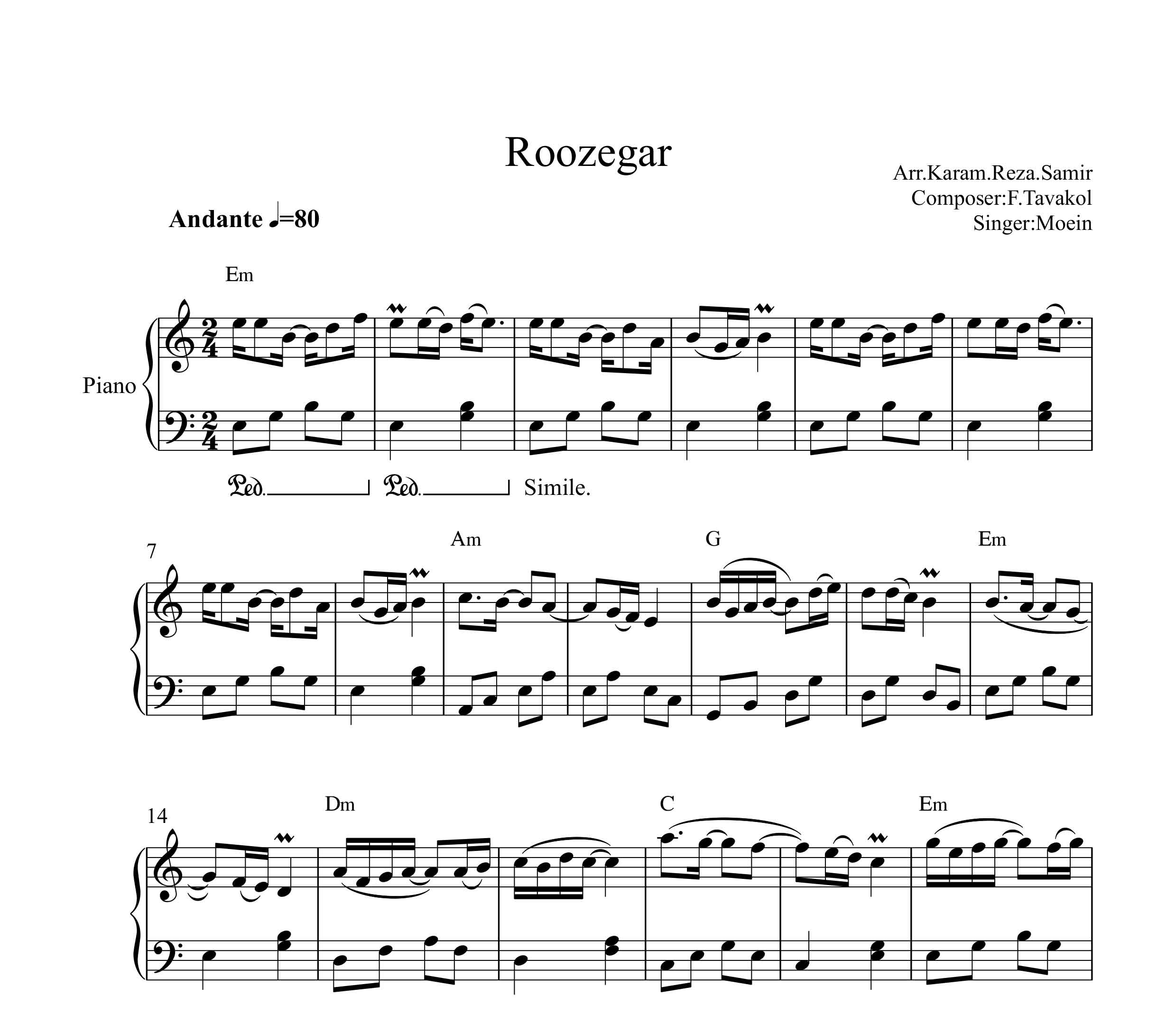 نت آهنگ روزگار از معین با آکورد برای پیانو