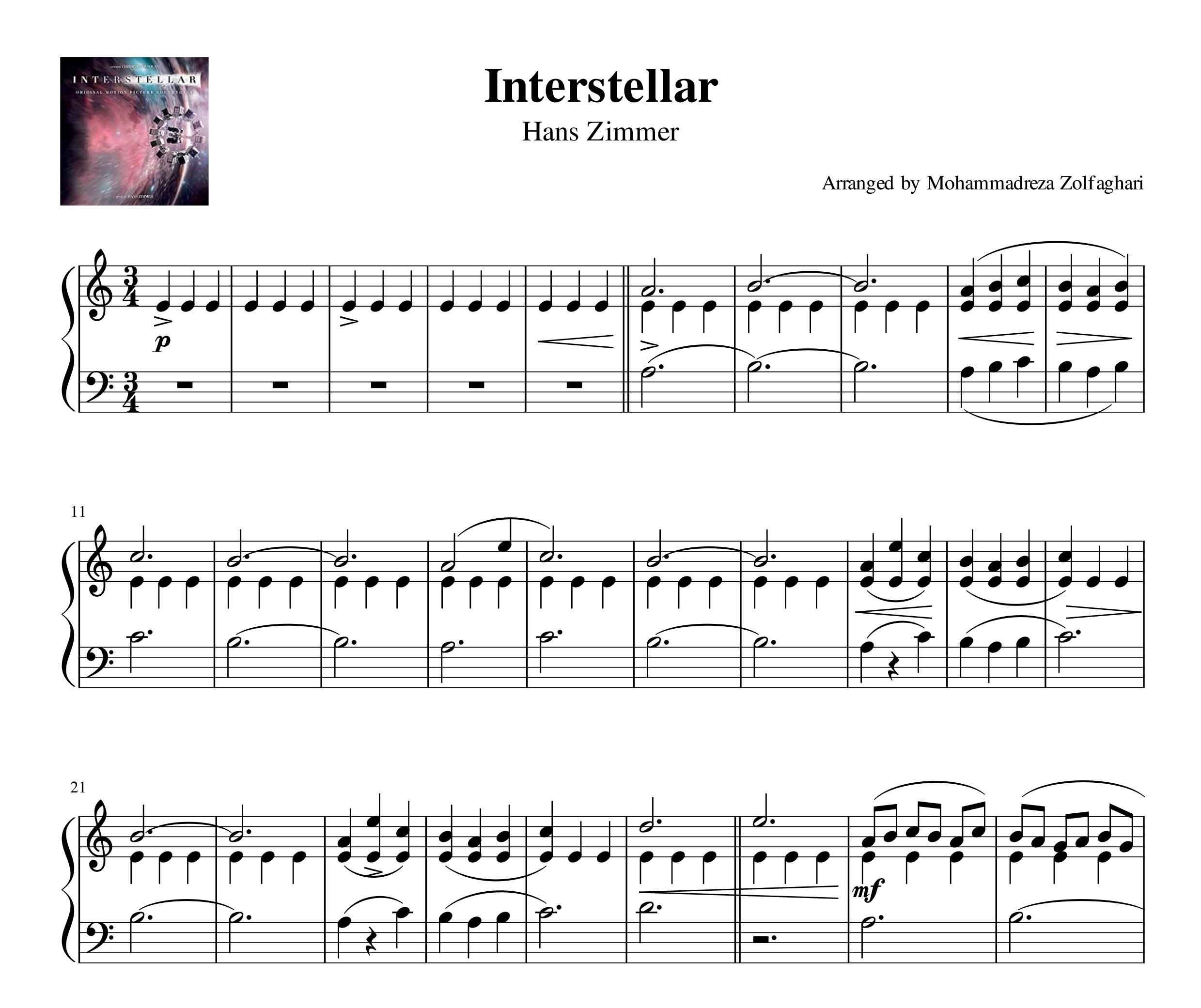 نت پیانوی Interstellar (اینتراستلار) از هانس زیمر