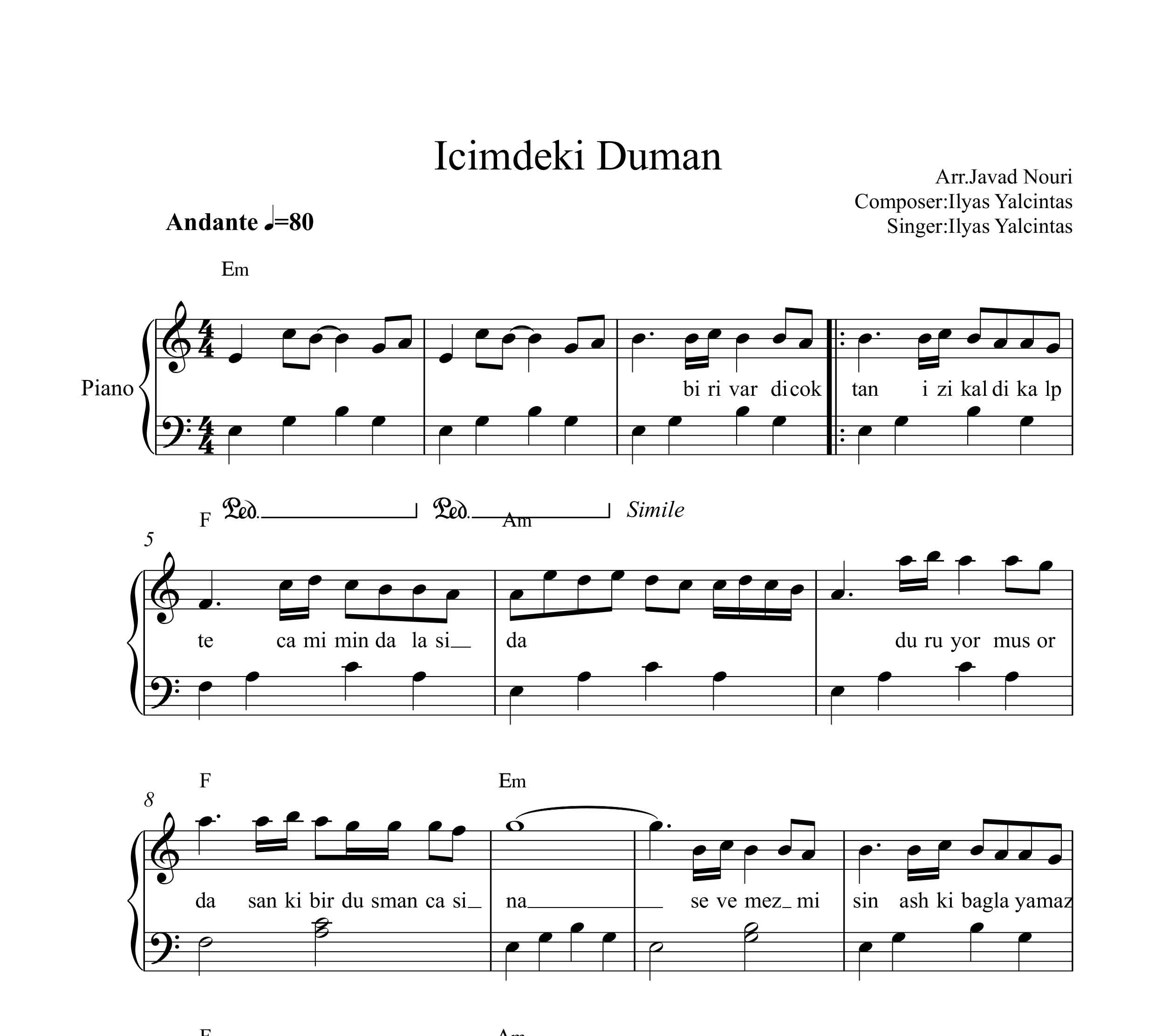 نت ساده آهنگ Icimdeki Duman برای پیانو به همراه آکورد