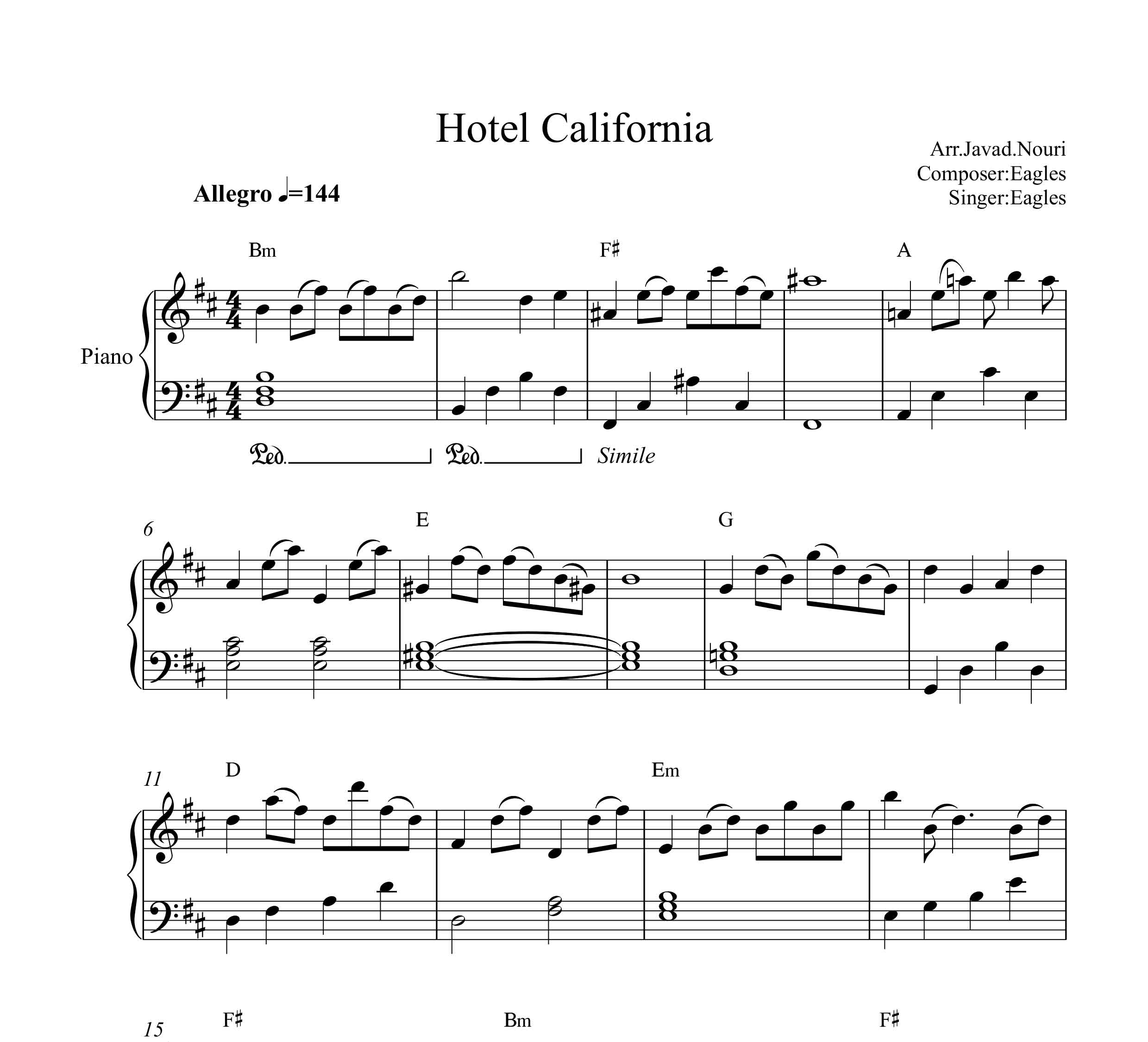 نت آهنگ هتل کالیفرنیا برای پیانو با تنظیم جواد نوری