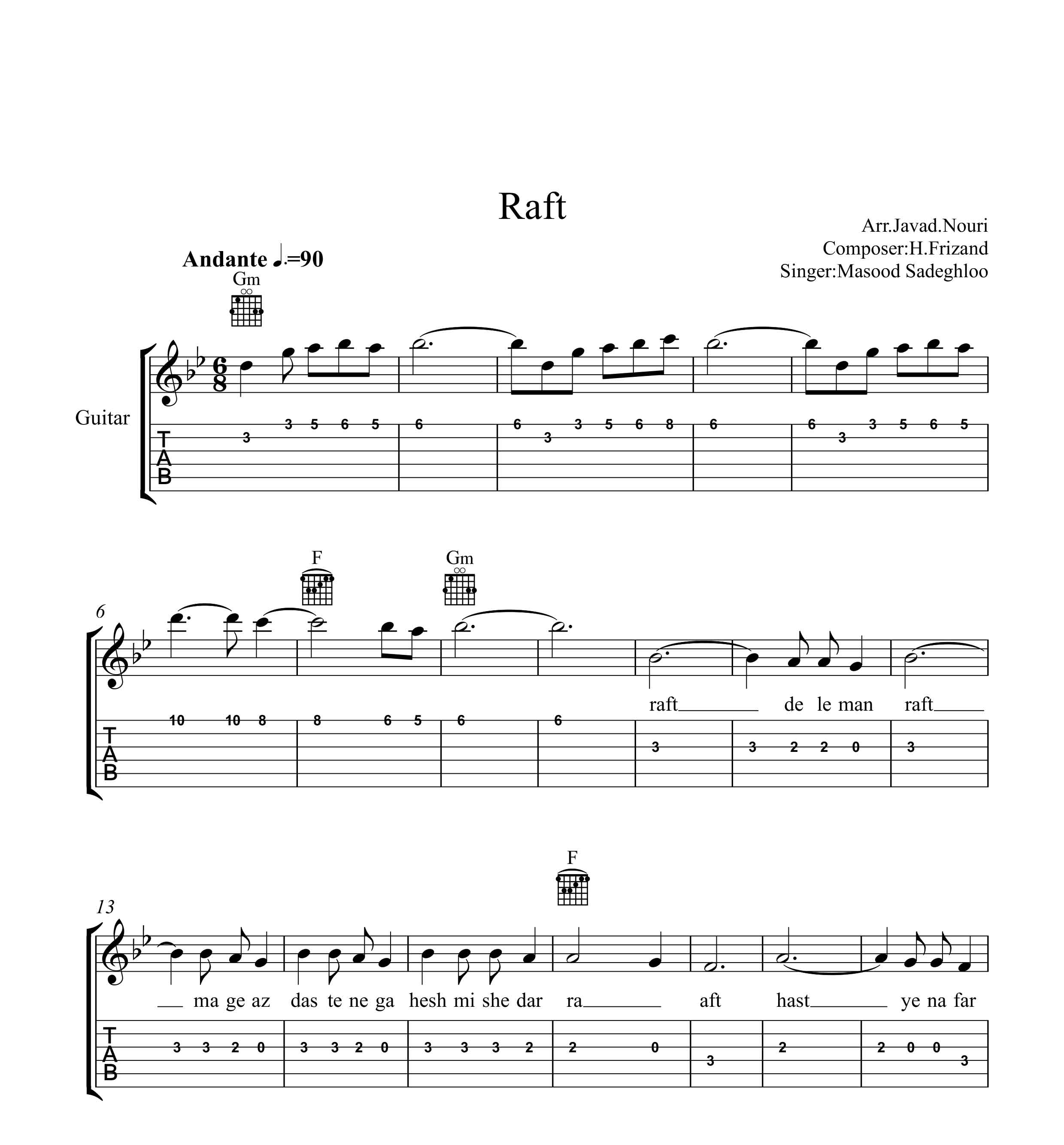 نت گیتار رفت از مسعود صادقلو به همراه تبلچر و آکورد با تنطیم جواد نوری