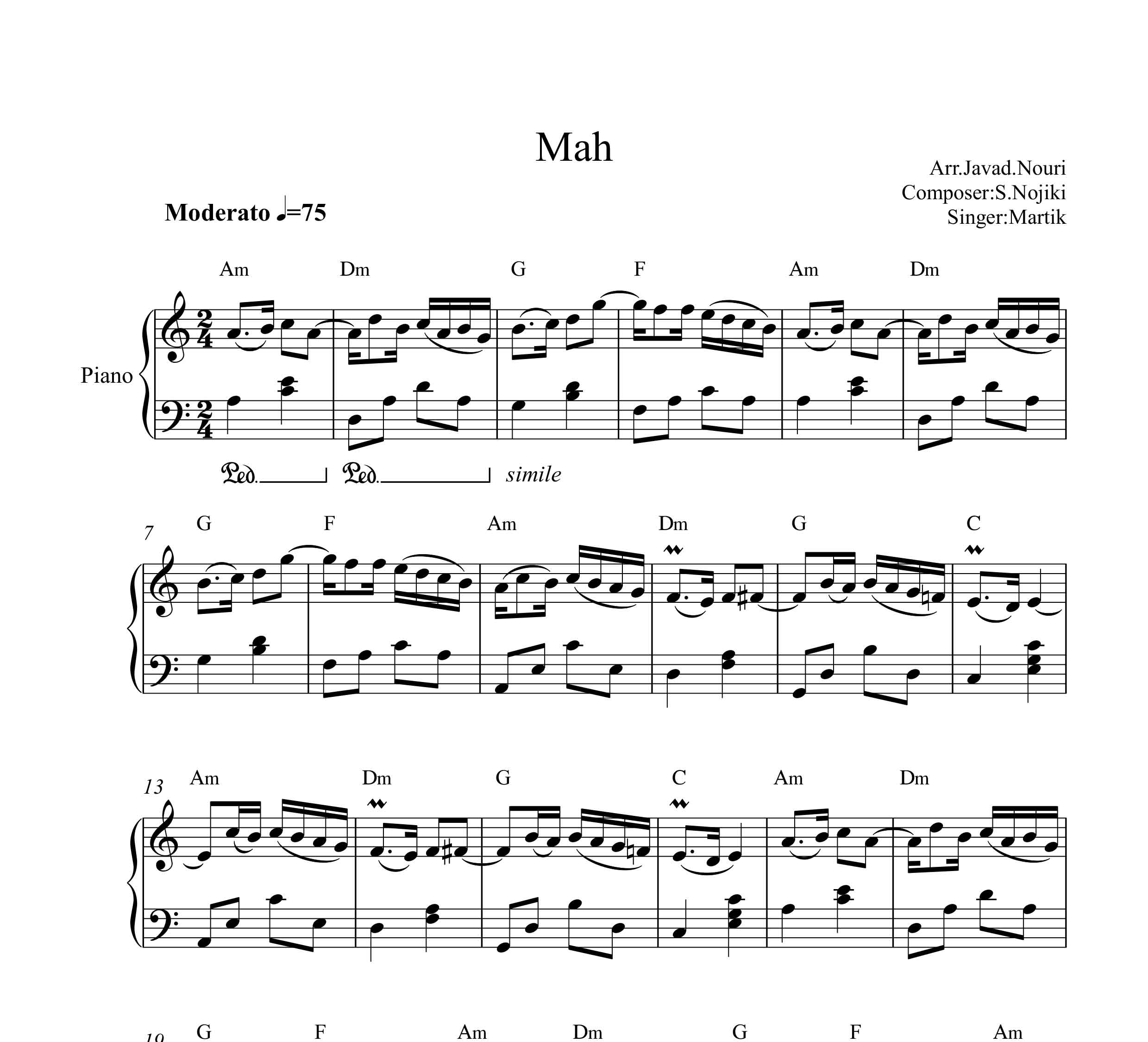 نت آهنگ ماه از مارتیک برای پیانو