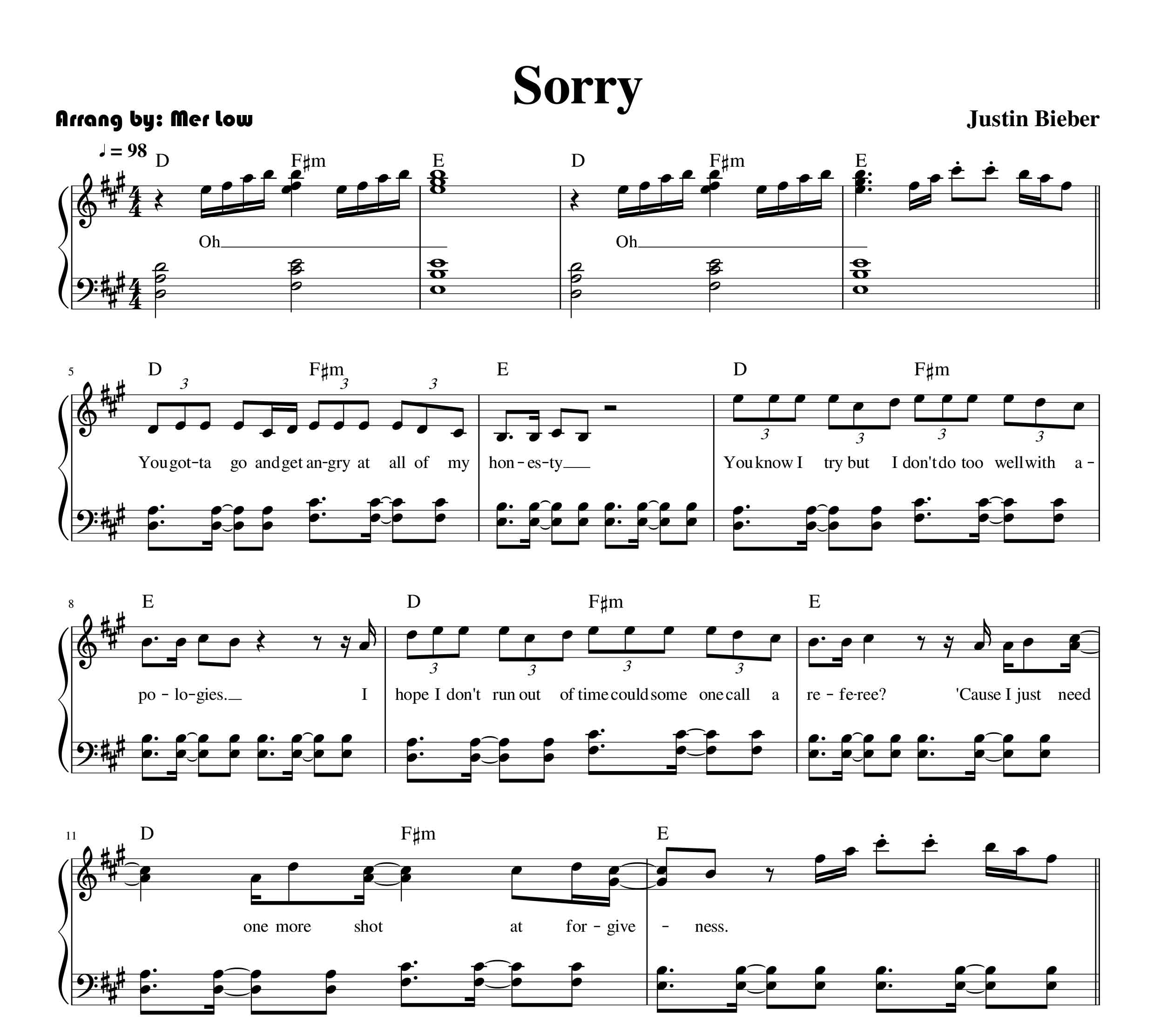 نت آهنگ (sorry) از جاستین بیبر برای پیانو