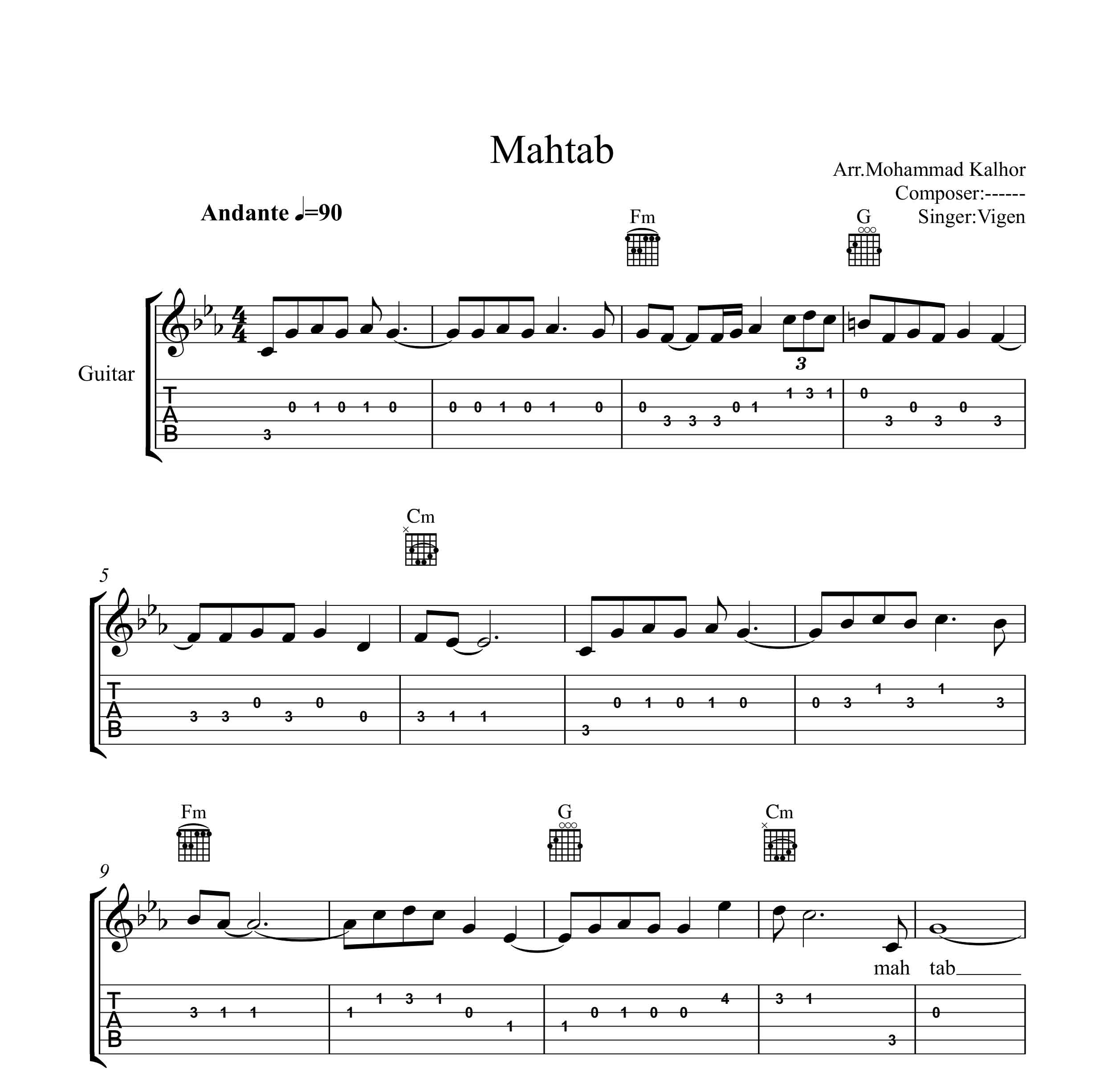نت گیتار مهتاب ویگن به همراه تبلچر و آکورد