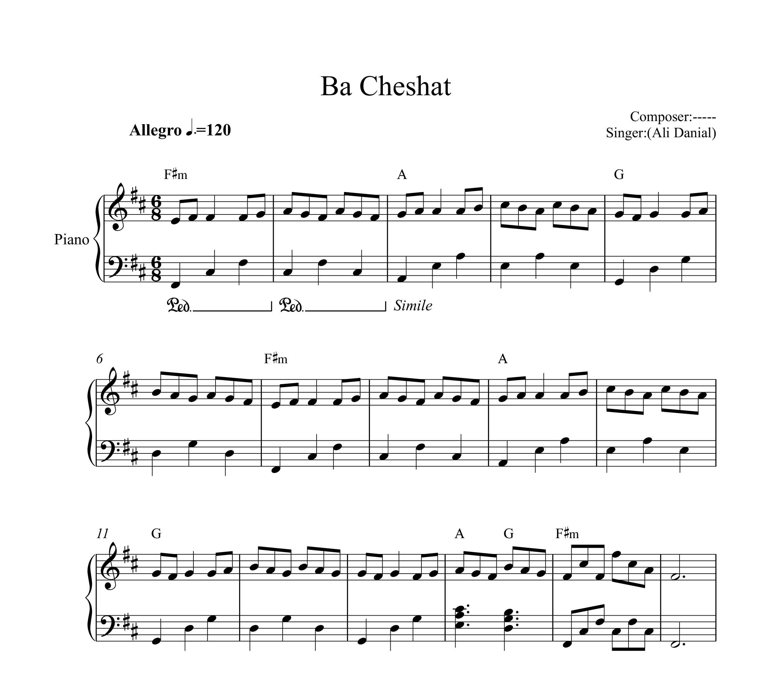 نت پیانو با چشات اگه نگام کنی علی دانیال