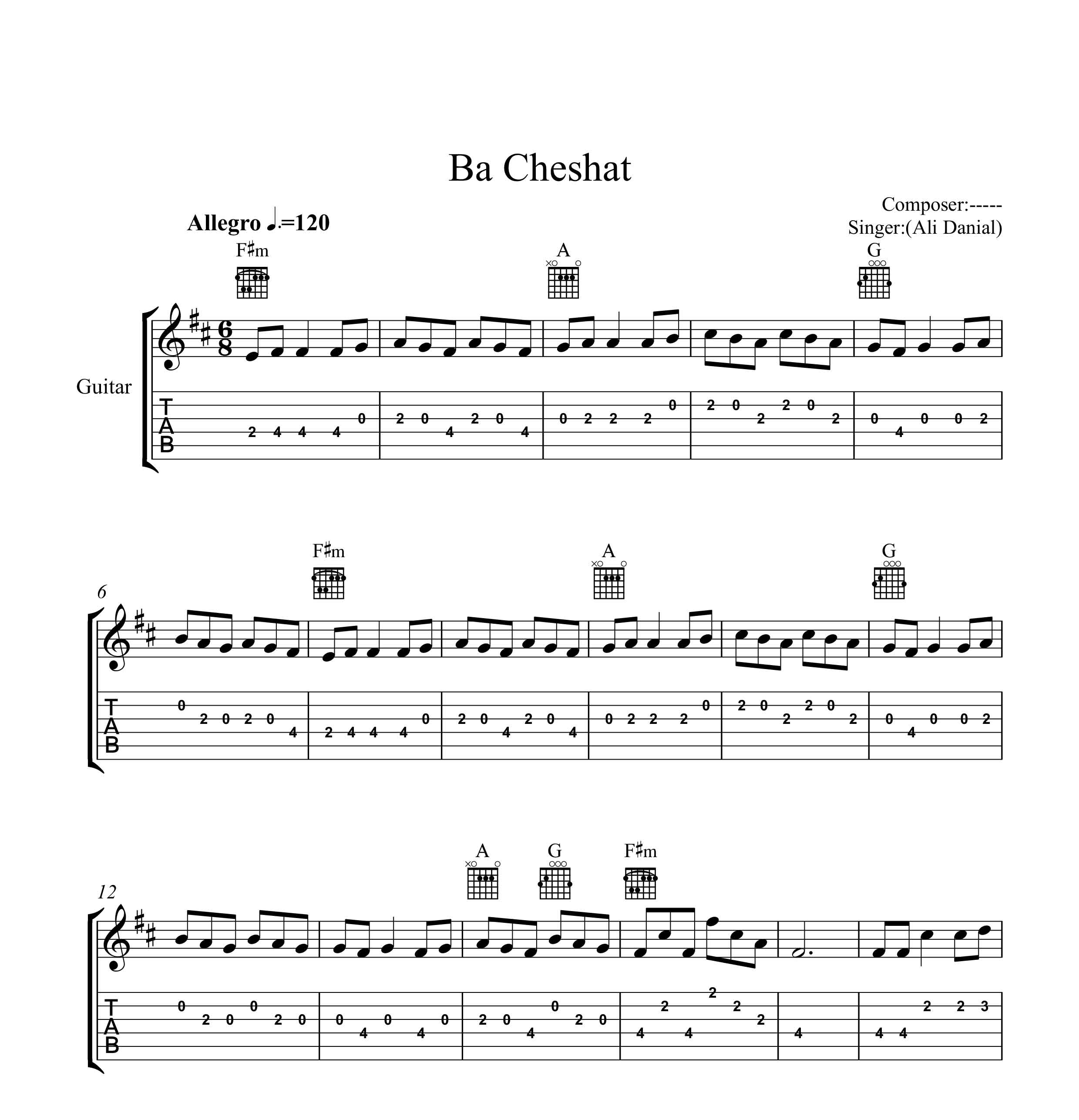نت گیتار با چشات اگه نگام کنی علی دانیال به همراه تبلچر و آکورد