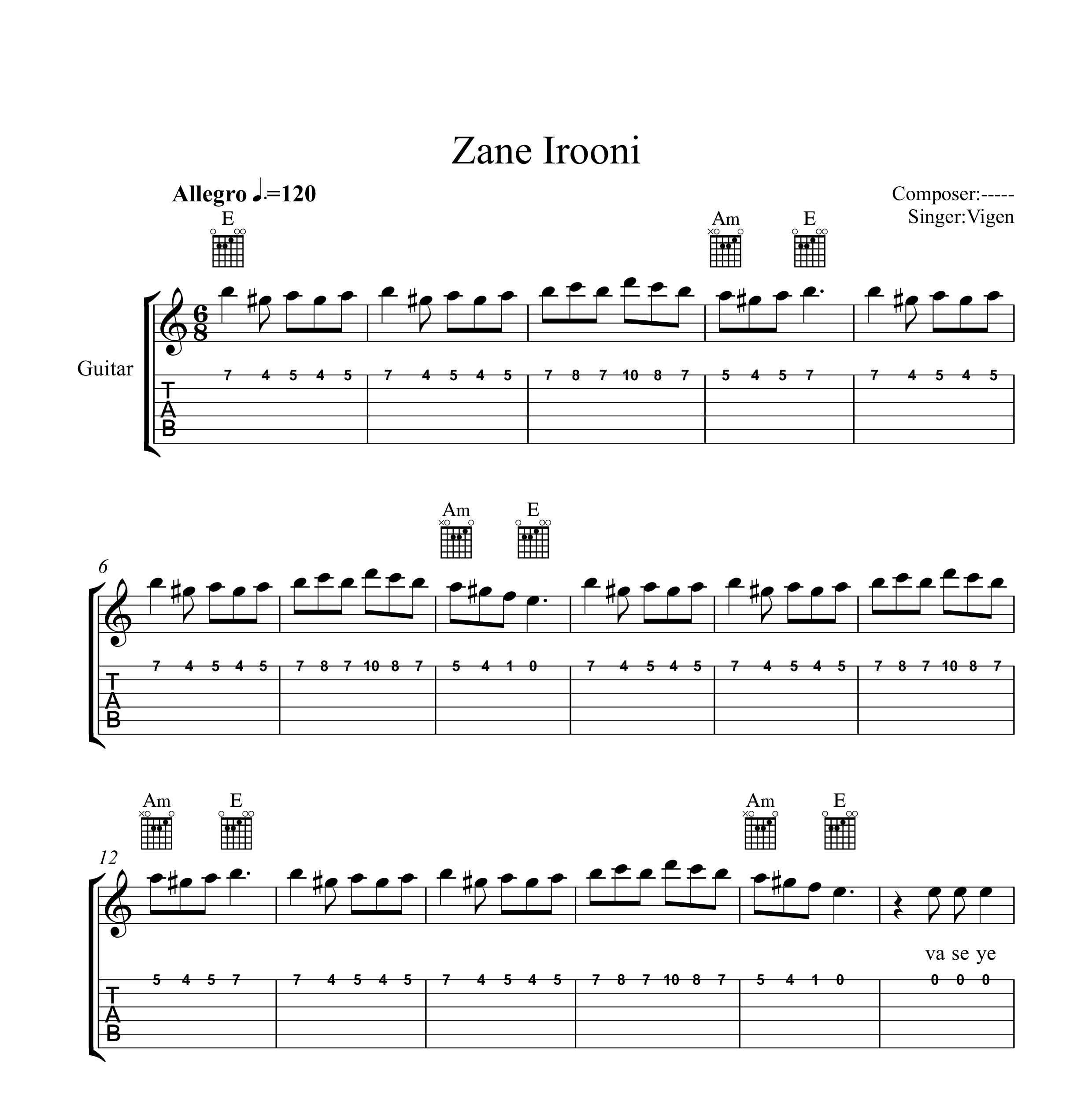 نت گیتار زن ایرونی ویگن به همراه تبلچر و آکورد