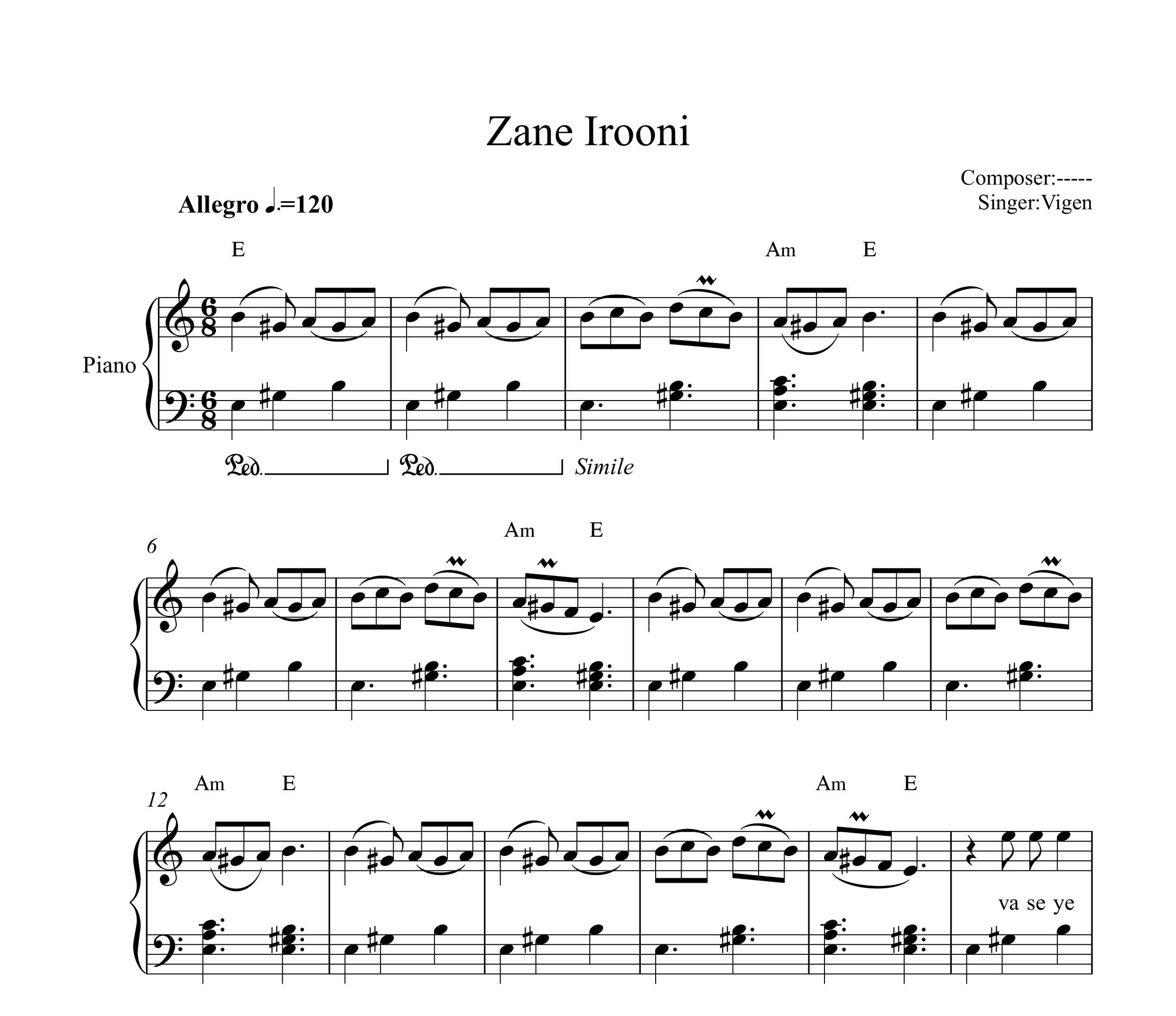 نت پیانو زن ایرونی ویگن