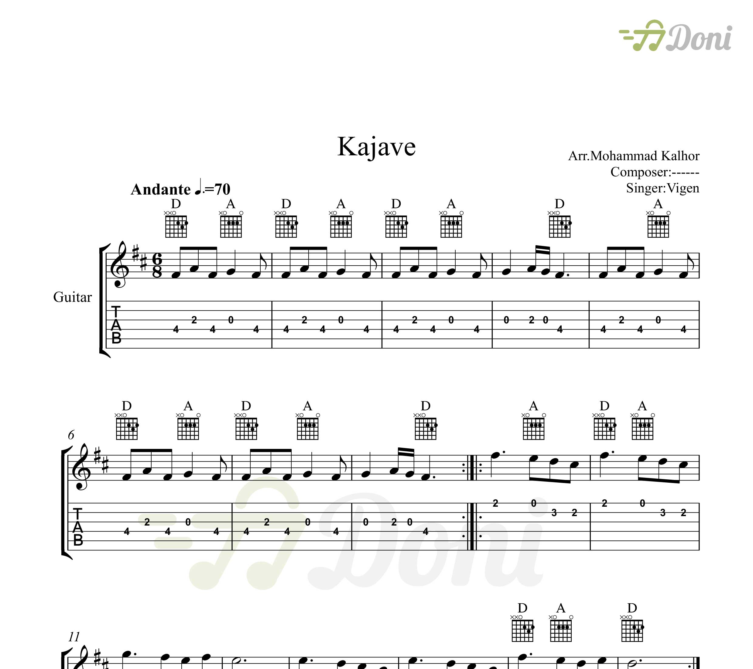 نت گیتار کجاوه ویگن به همراه تبلچر و آکورد