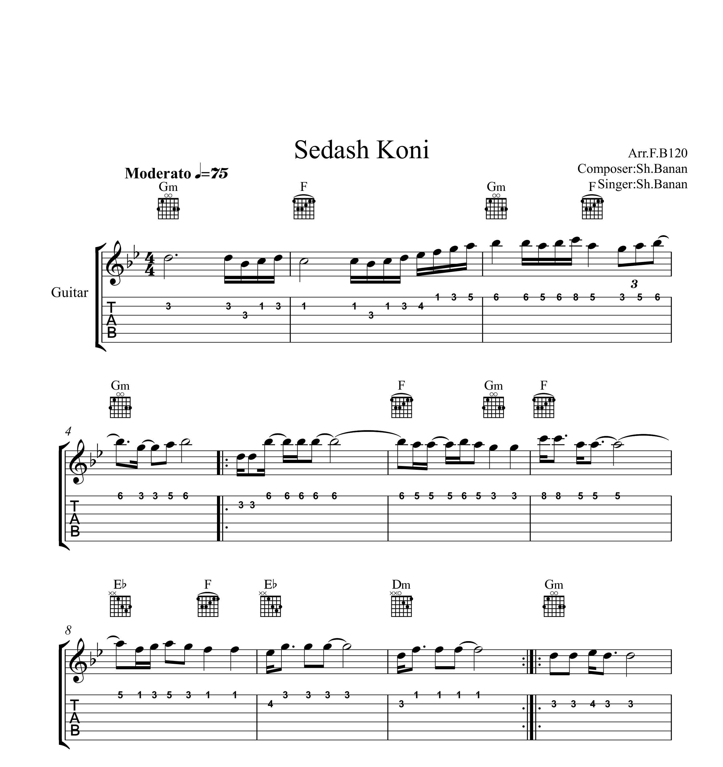 نت گیتار صداش کنی از شاهین بنان بهمراه تبلچر و آکورد