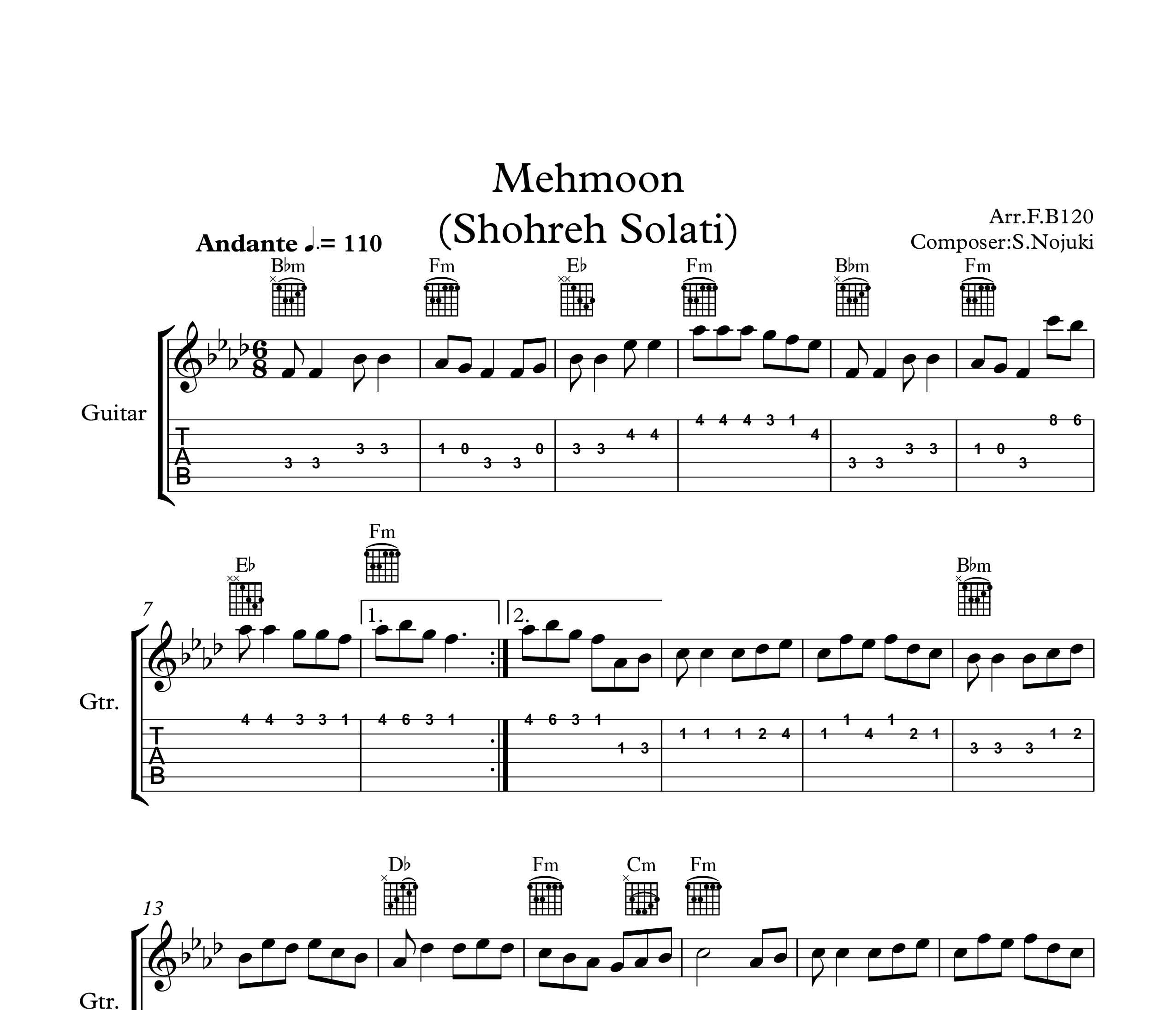 نت گیتار مهمون از شهره به همراه تبلچر و آکورد