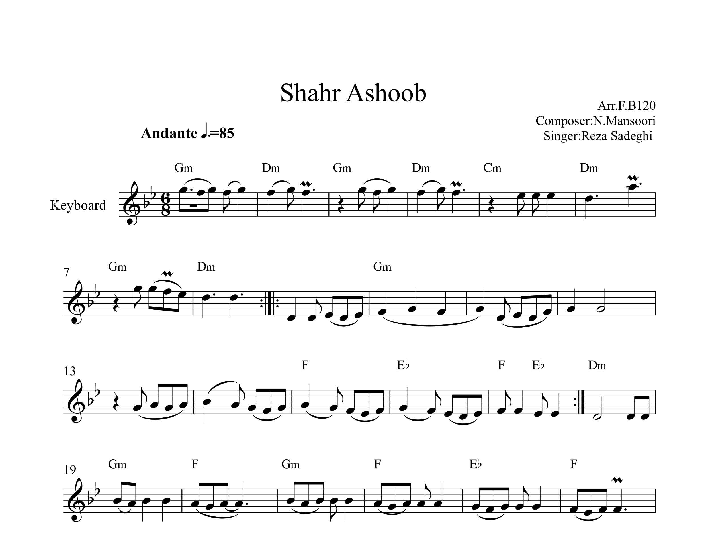 نت کیبورد آهنگ شهر آشوب از رضا صادقی به همراه آکورد