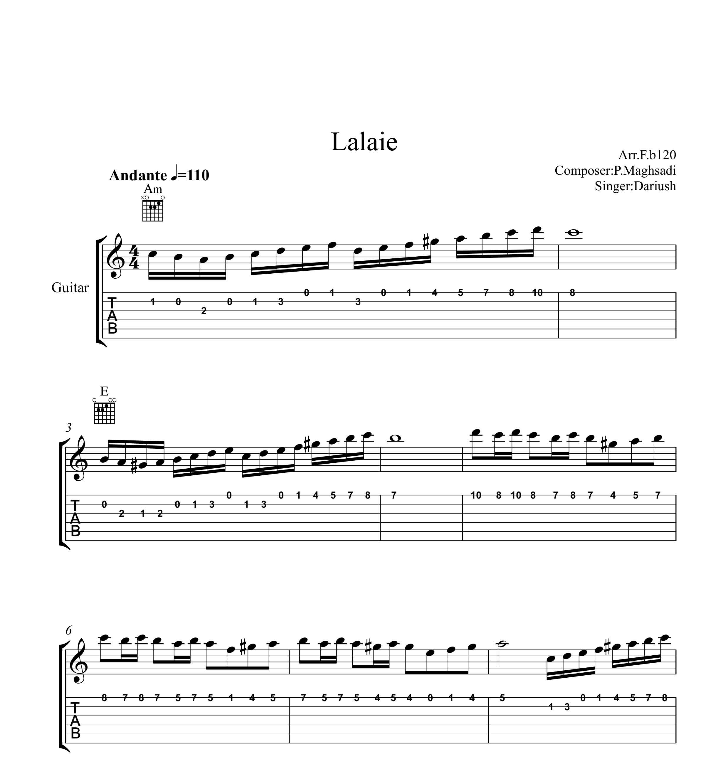 نت گیتار لالایی از داریوش بهمراه تبلچرو آکورد