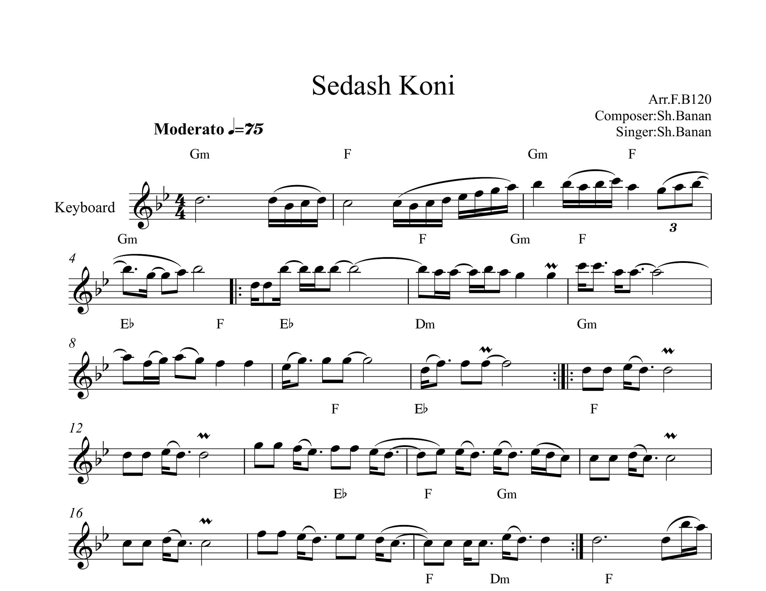 نت کیبورد صداش کنی از شاهین بنان با آکورد