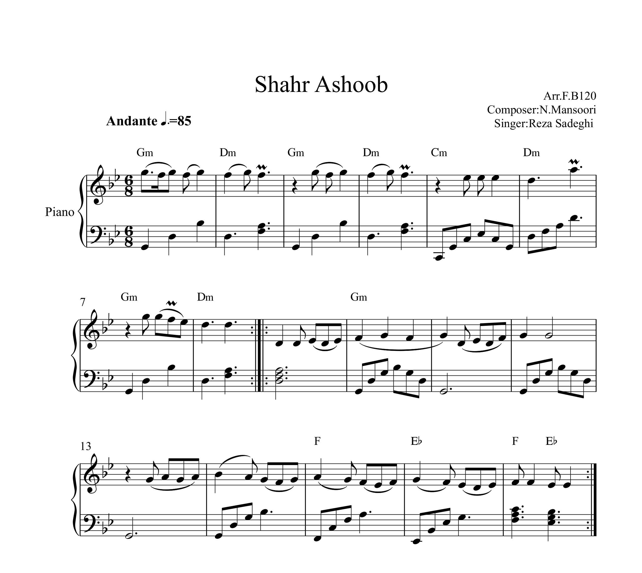 نت پیانو شهر آشوب از رضا صادقی به همراه آکورد