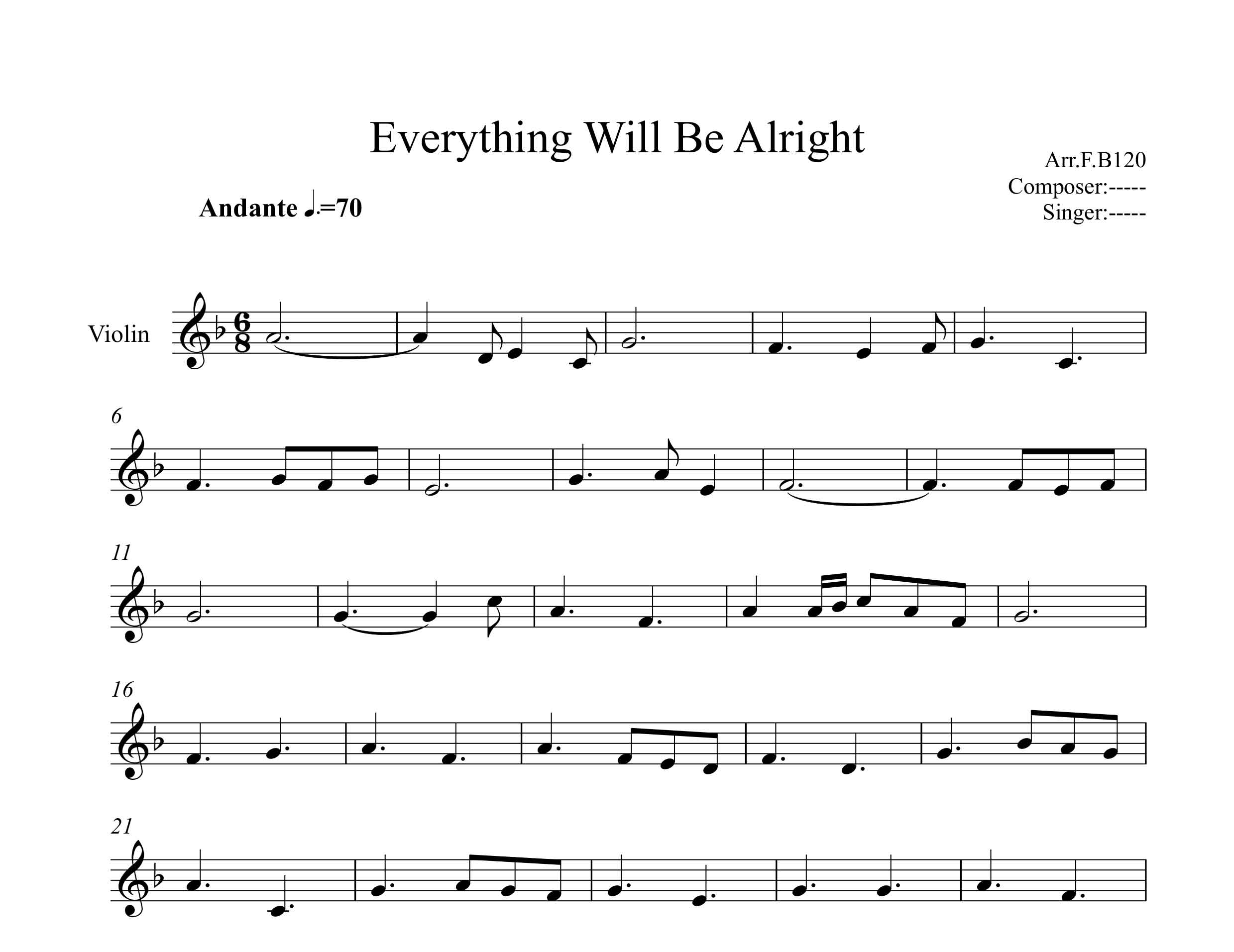 نت ویولن  Everything Will Be Alright از Niklas Ahlstedt