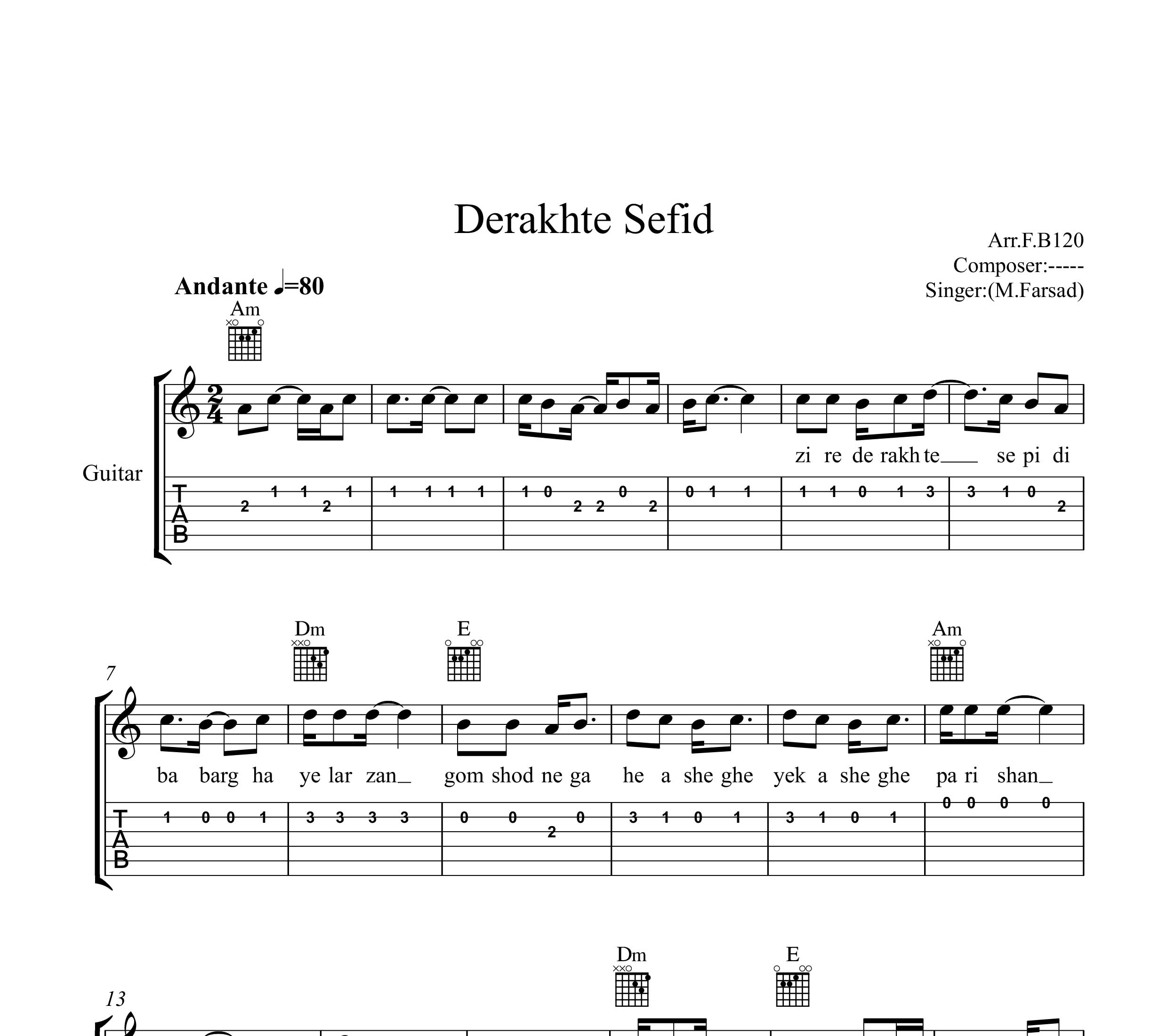 نت گیتار درخت سپید مرجان فرساد به همراه تبلچر و آکورد