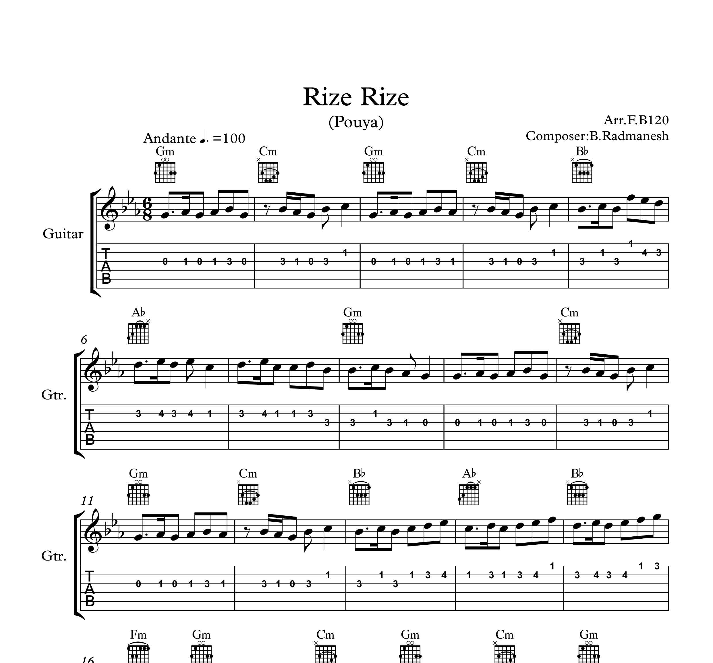 نت و تبلچر آهنگ ریزه ریزه از پویا برای گیتار به همراه آکورد