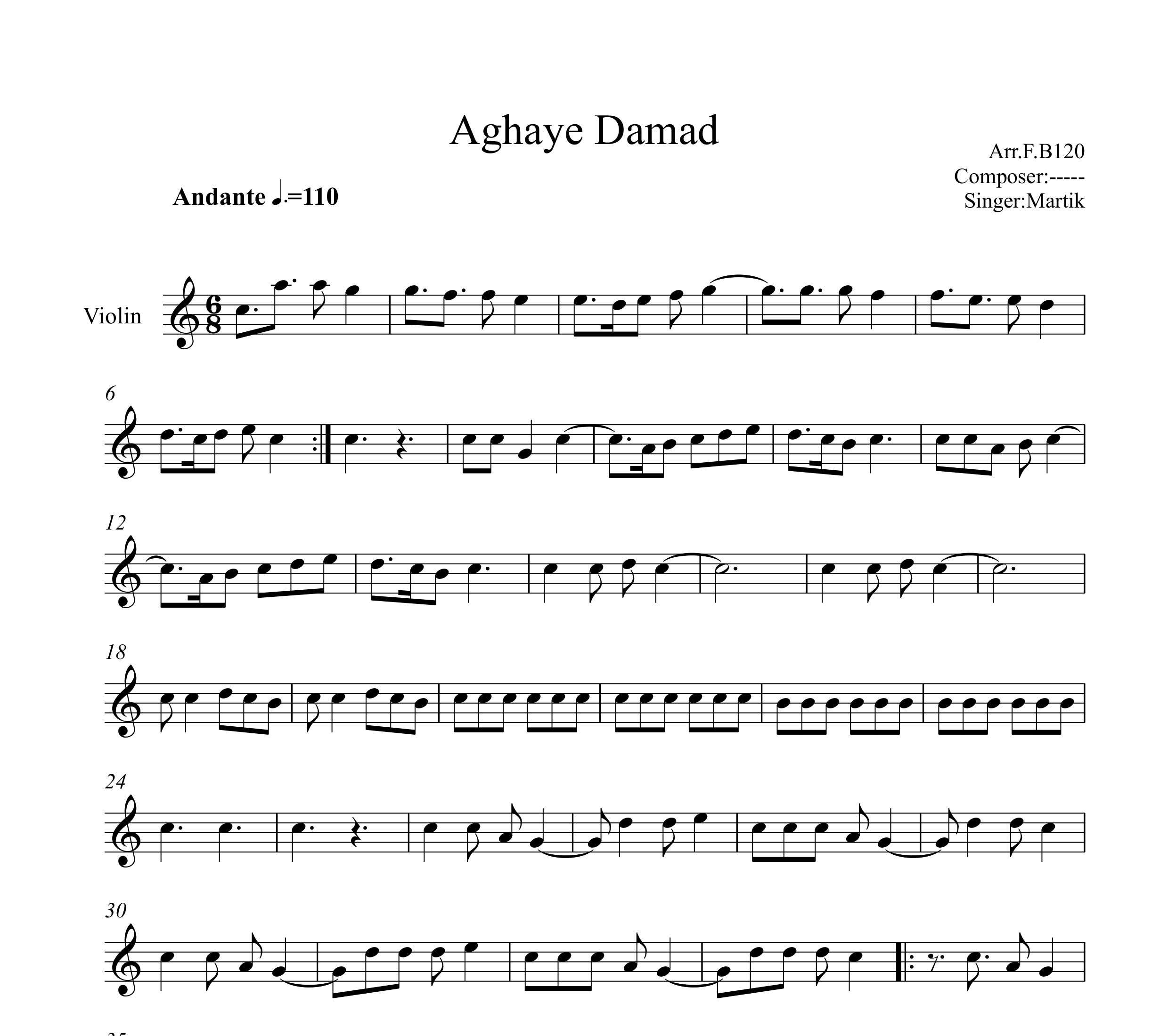 نت ویولن آهای آقای داماد مارتیک