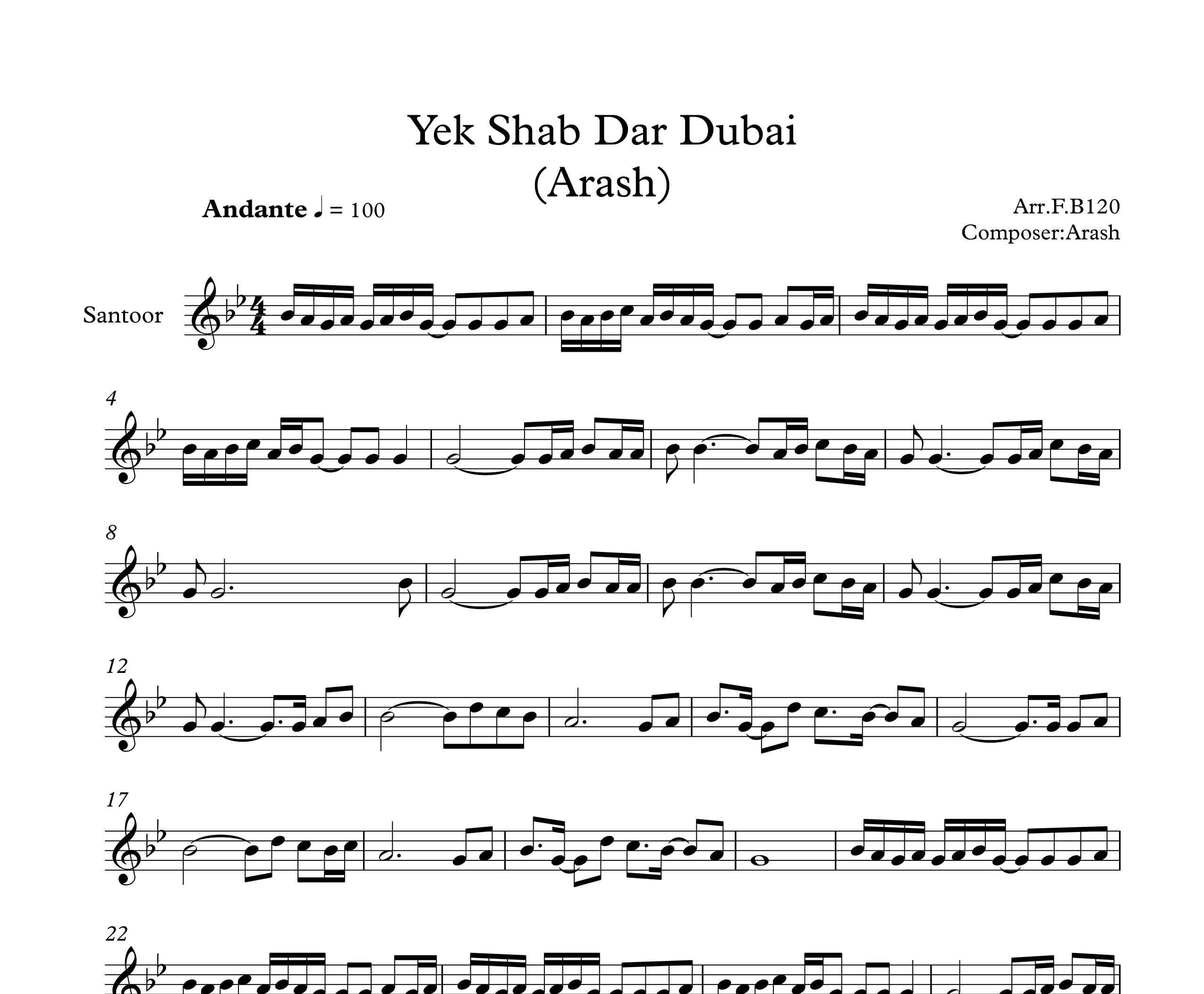 نت سنتور آهنگ یک شب در دبی از آرش