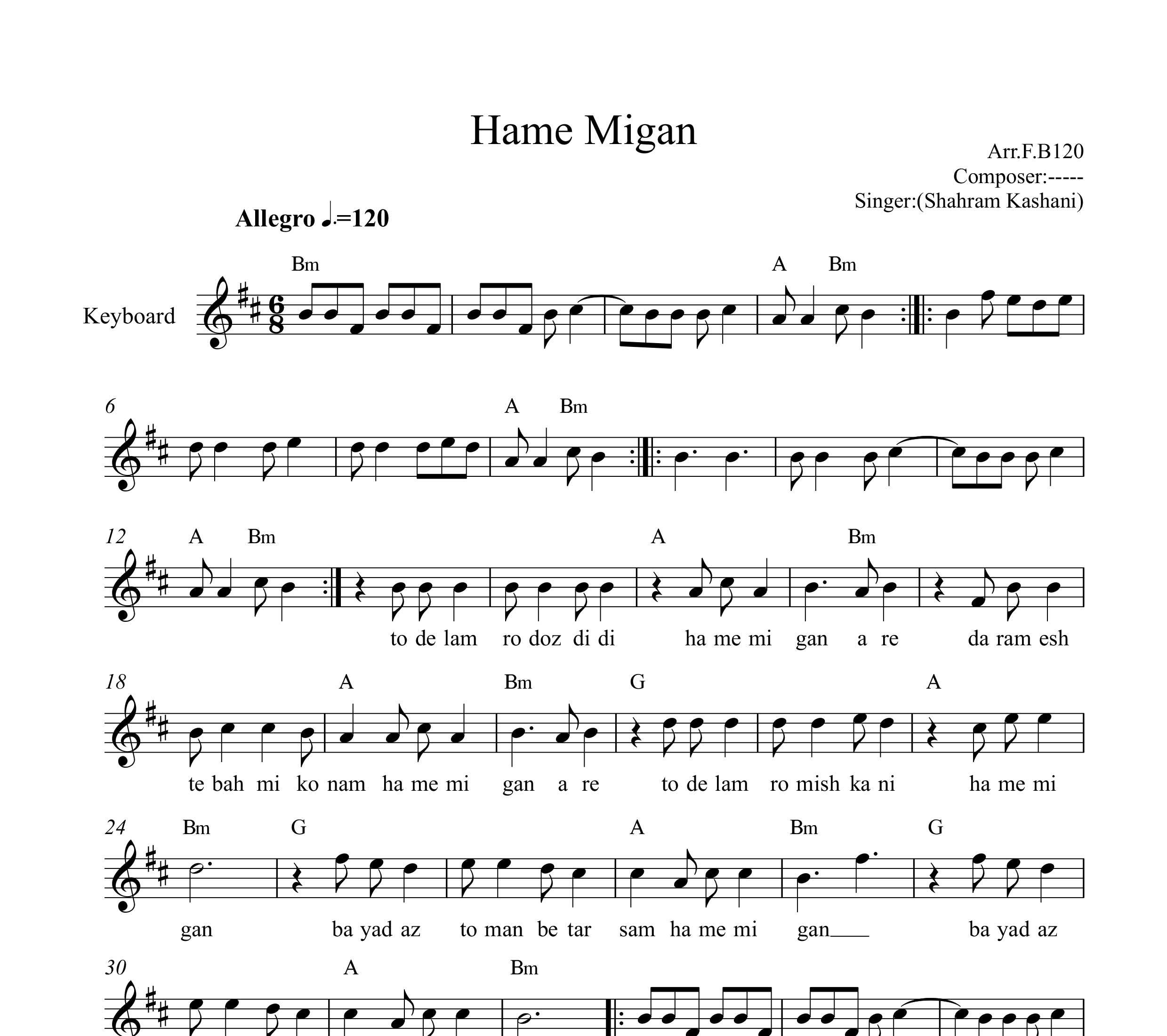 نت کیبورد همه میگن شهرام کاشانی به همراه آکورد