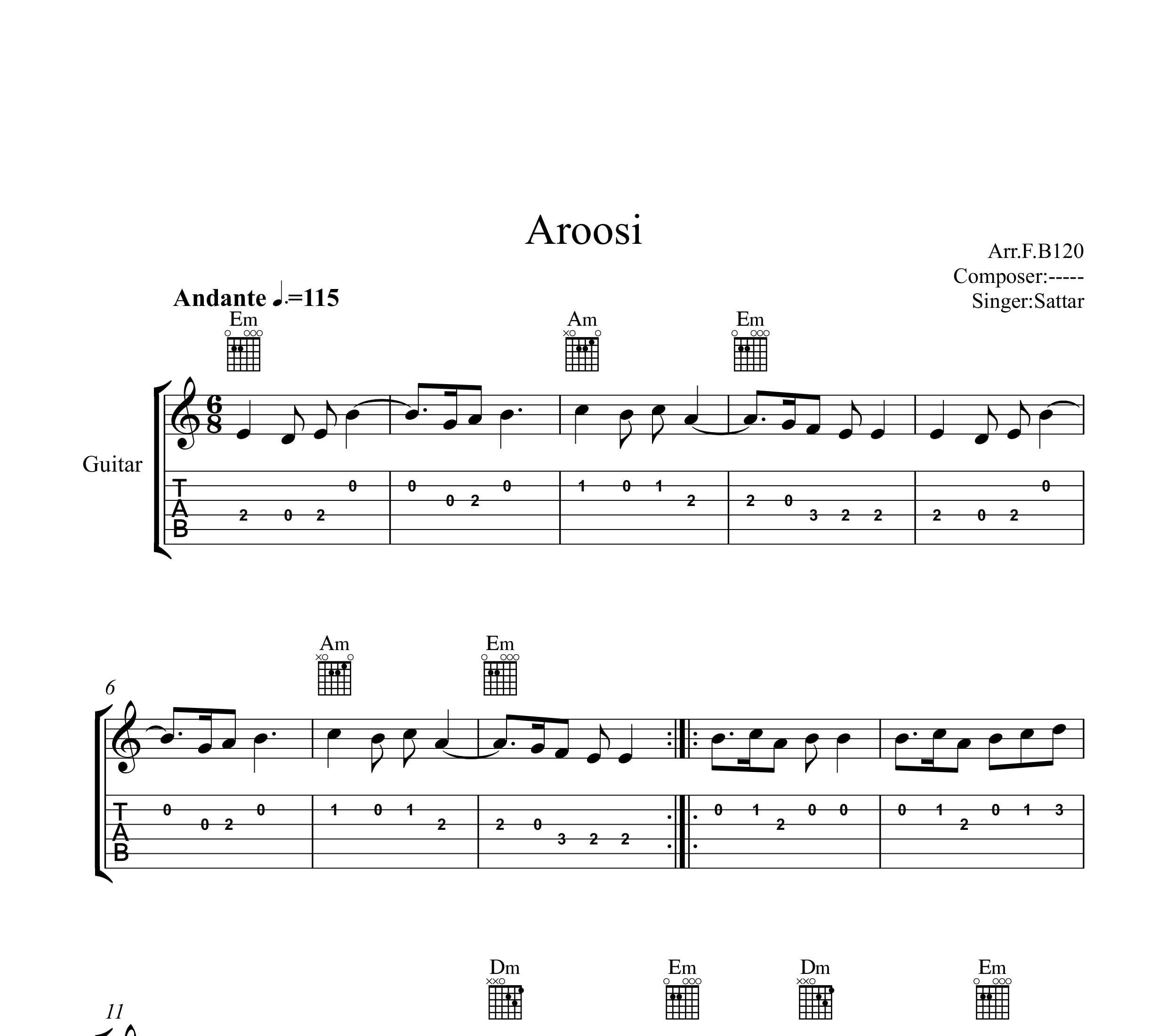 نت گیتار عروسی ستار به همراه تبلچر و آکورد