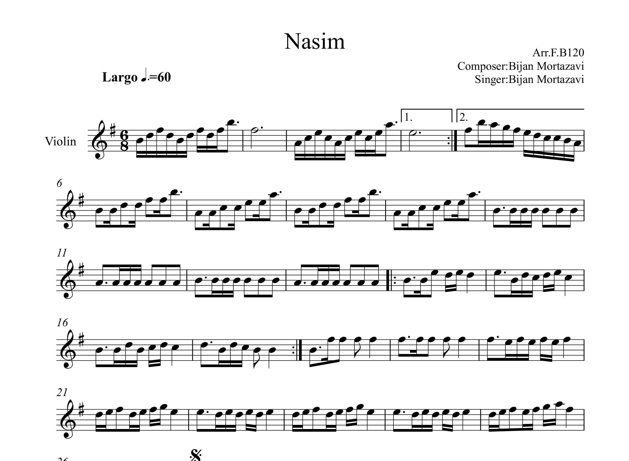 نت ویولن نسیم از بیزن مرتضوی