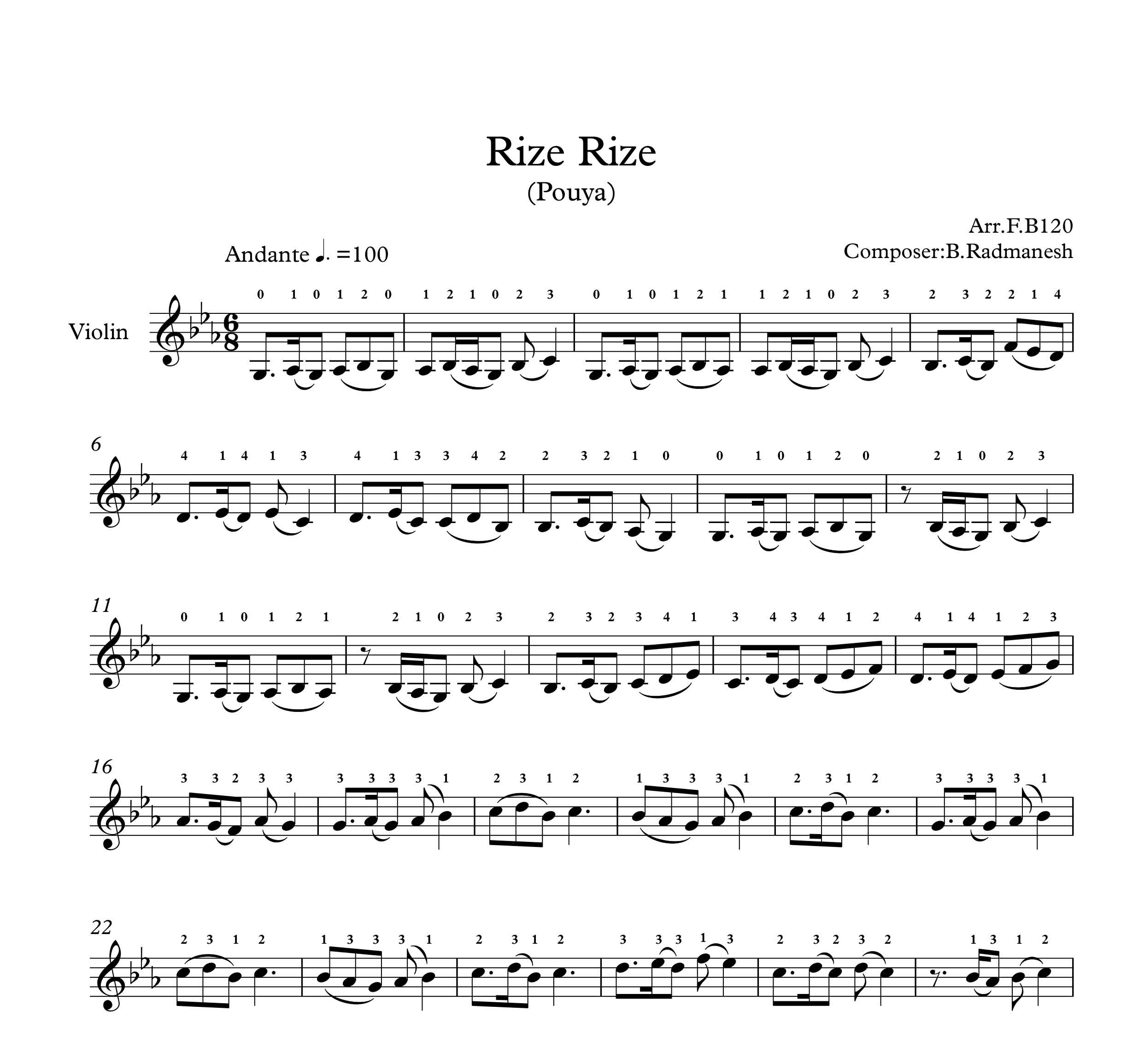 نت ویولن آهنگ ریزه ریزه از پویا