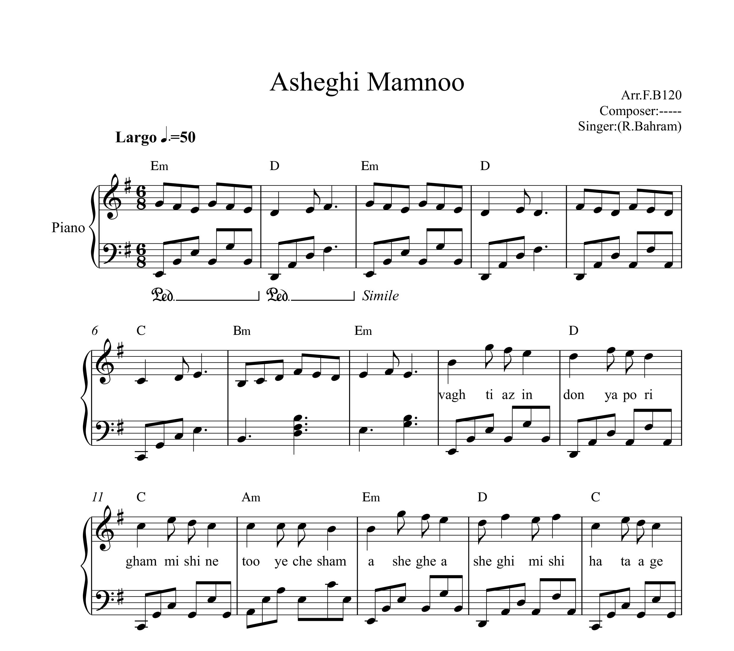 نت پیانو عاشقی ممنوع رضا بهرام