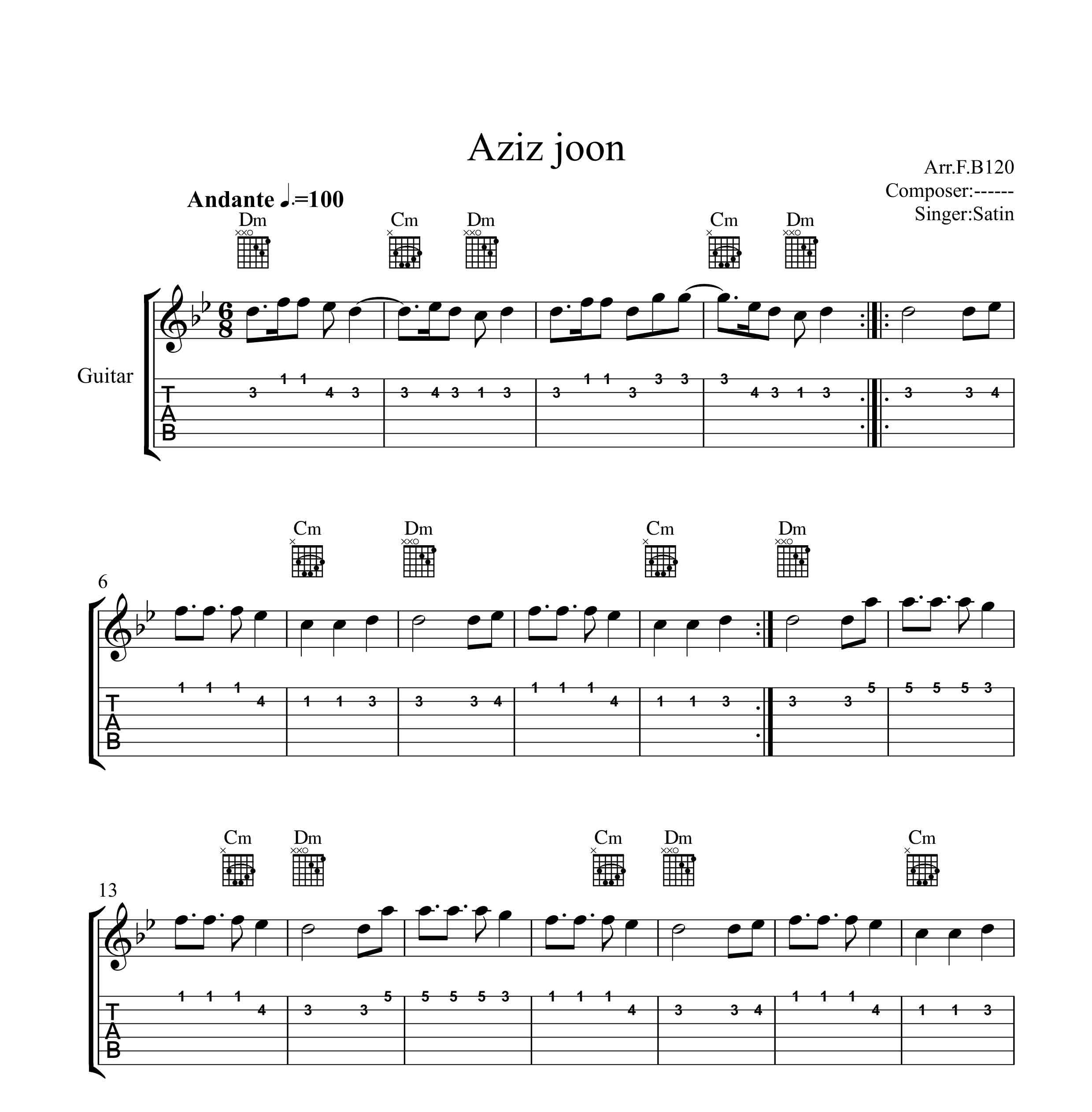 نت گیتار آهنگ عزیز جون از ستین به همراه تبلچر و آکورد