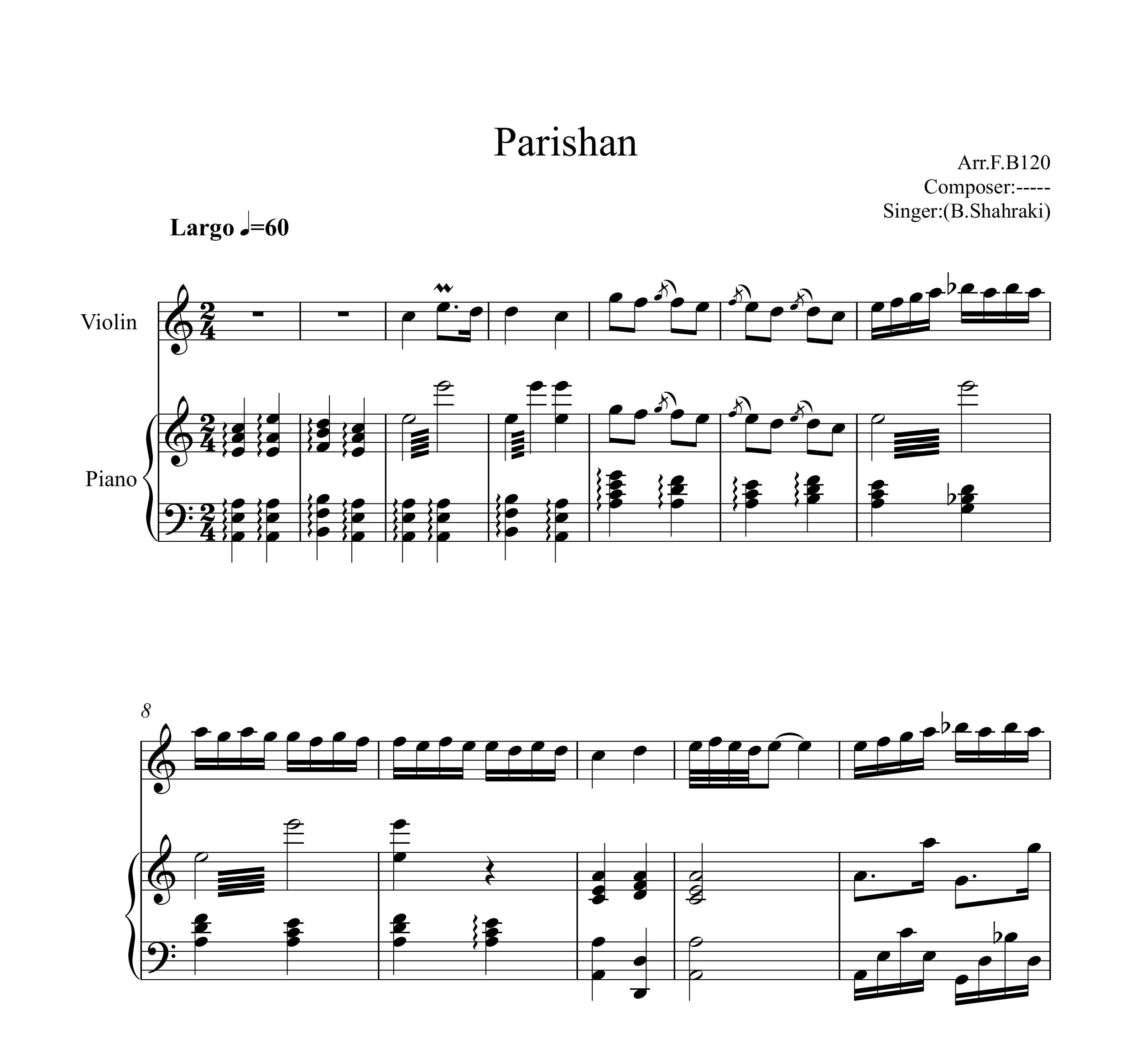 نت قطعه پریشان از بابک شهرکی برای دو نوازی ویولن و پیانو