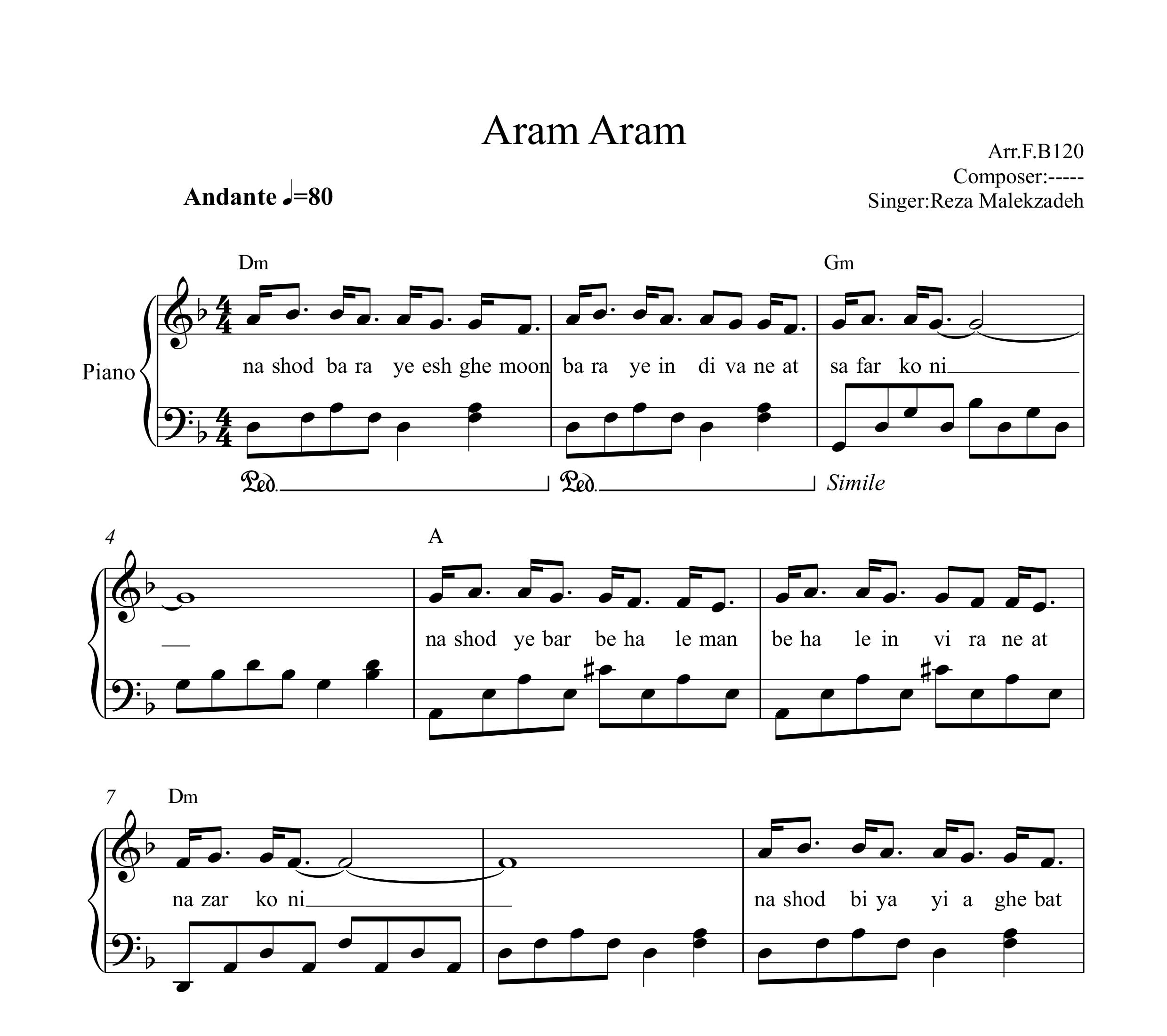 نت پیانو آرام آرام رضا ملک زاده