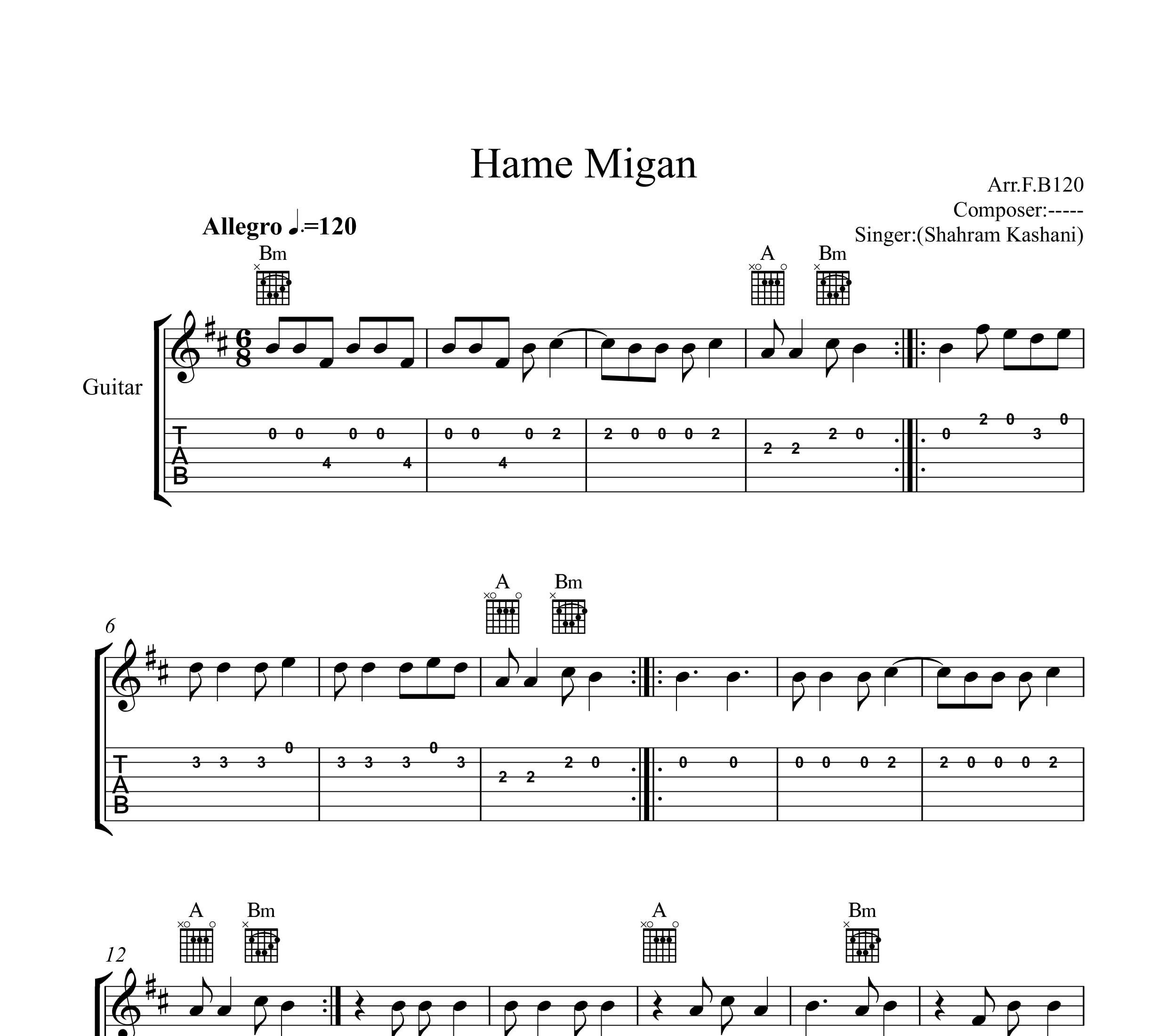 نت گیتار همه میگن شهرام کاشانی به همراه تبلچر و آکورد