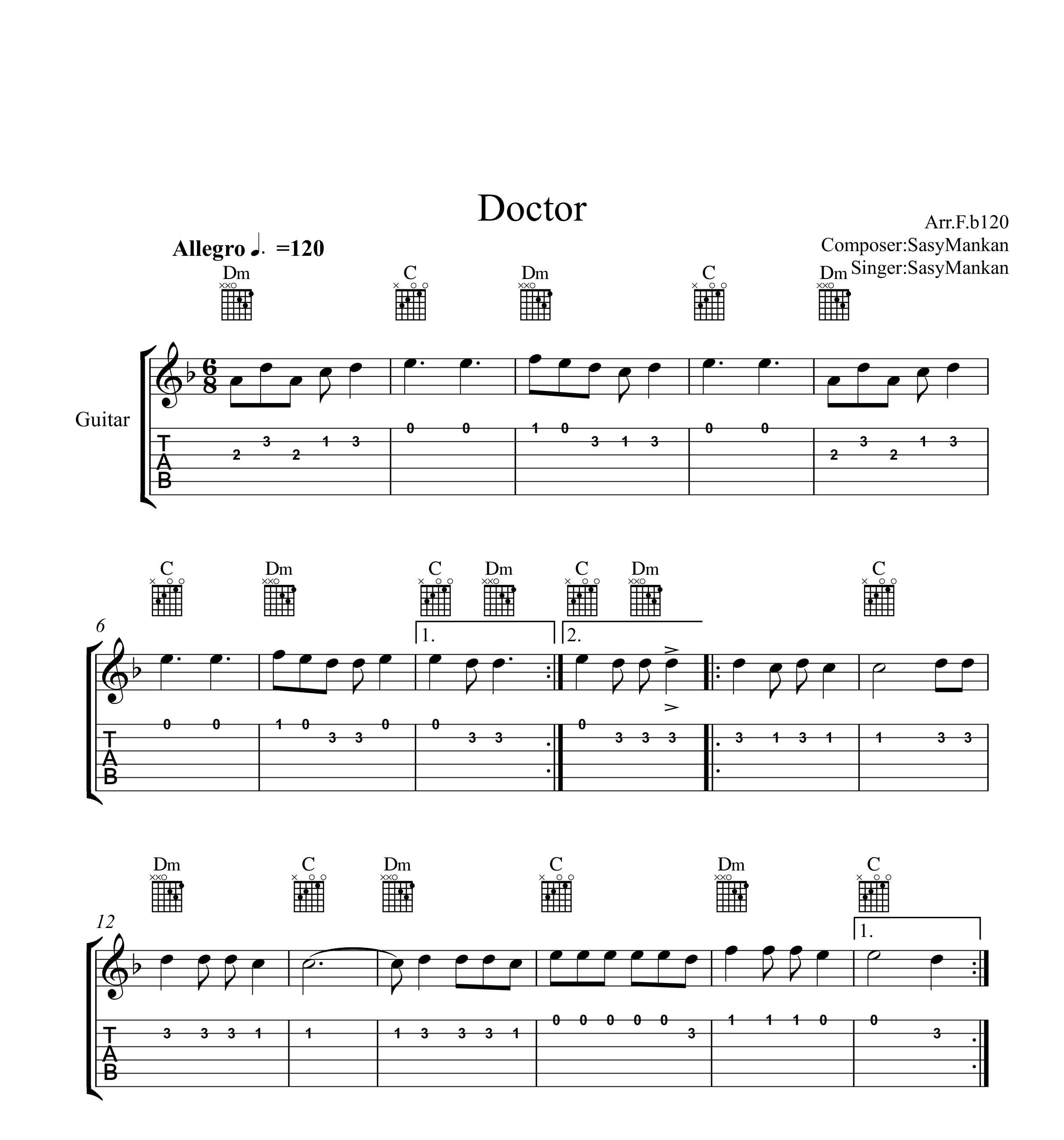 نت گیتار دکتر از ساسی مانکن بهمراه تبلچر و آکورد