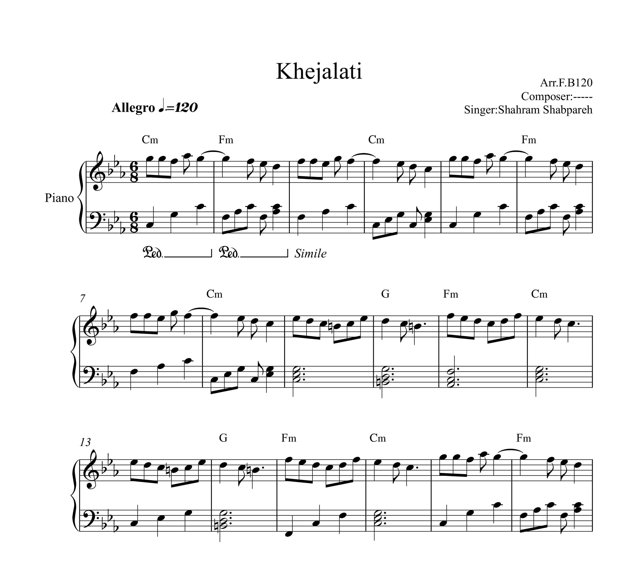 نت پیانو خجالتی شهرام شب پره