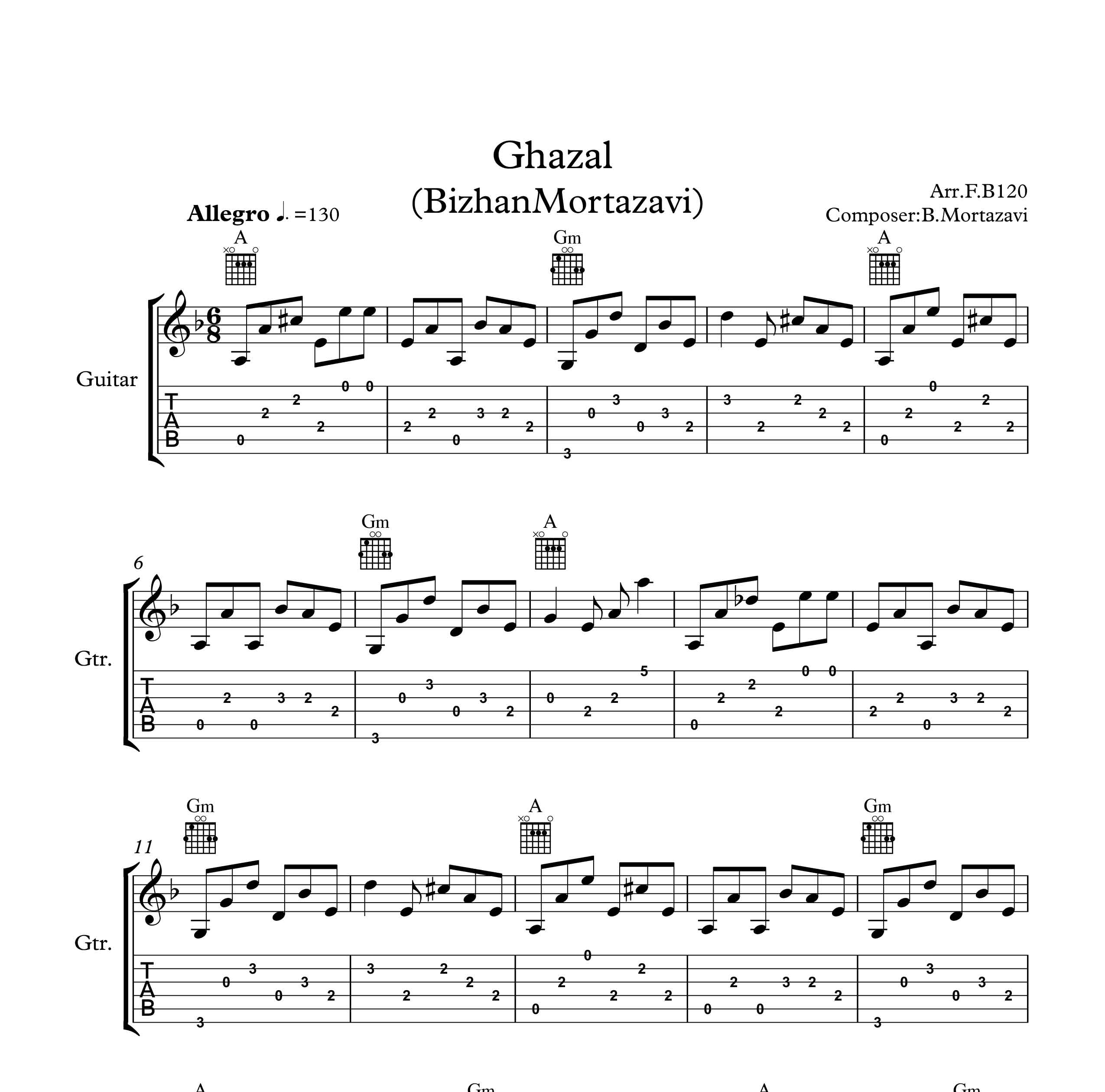 نت و تبلچر آهنگ غزال از بیژن مرتضوی برای گیتار به همراه آکورد