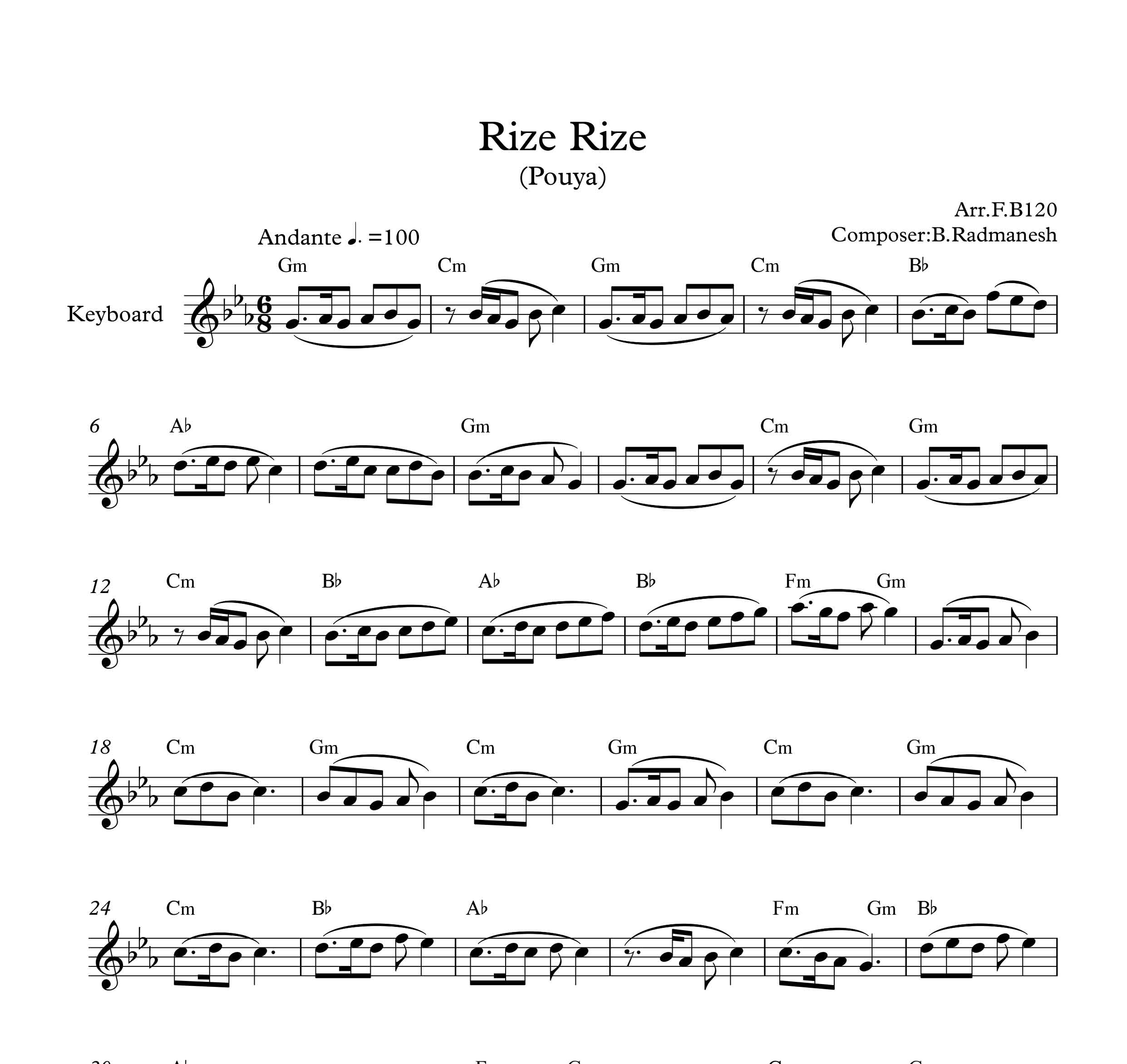 نت کیبورد آهنگ ریزه ریزه از پویا به همراه آکورد