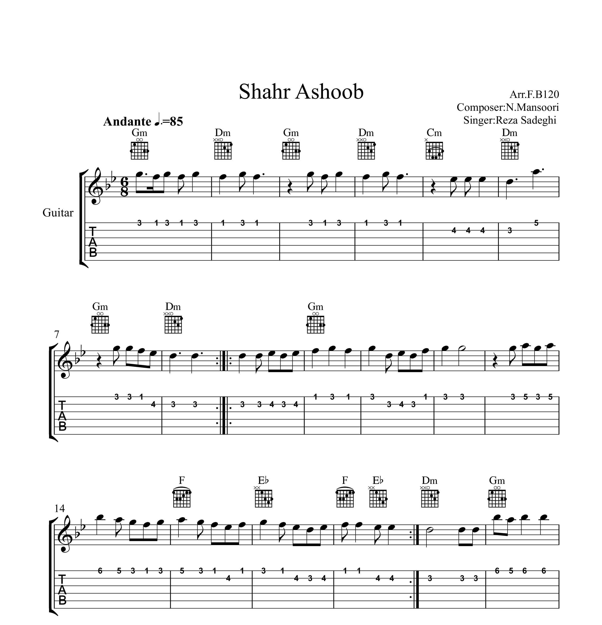 نت گیتار شهر آشوب از رضا صادقی به همراه تبلچر و آکورد