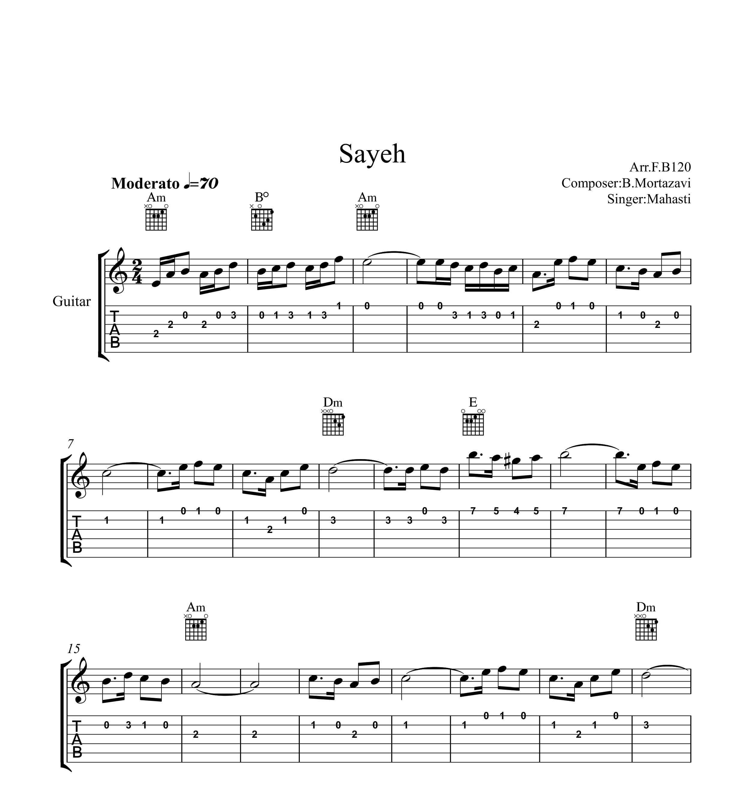 نت گیتار سایه از مهستی بهمراه تبلچر و آکورد