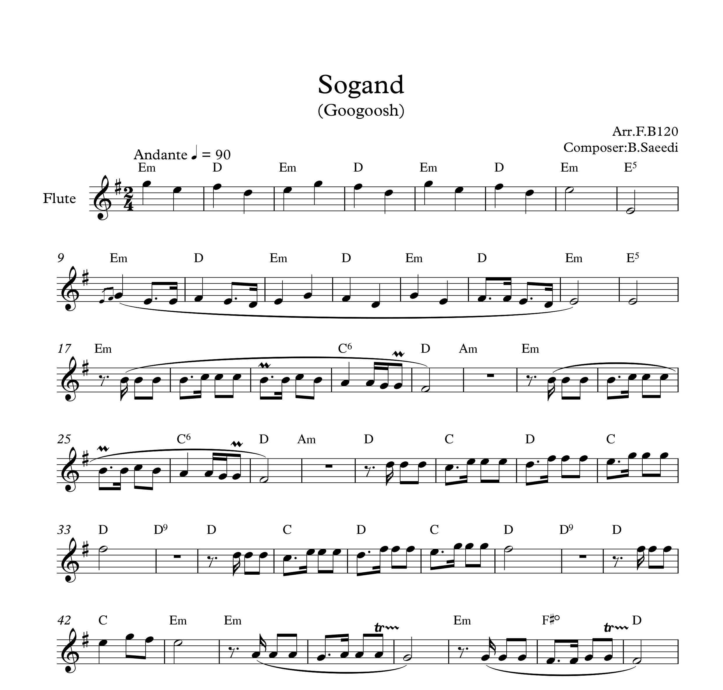 نت فلوت آهنگ سوگند به همراه آکورد