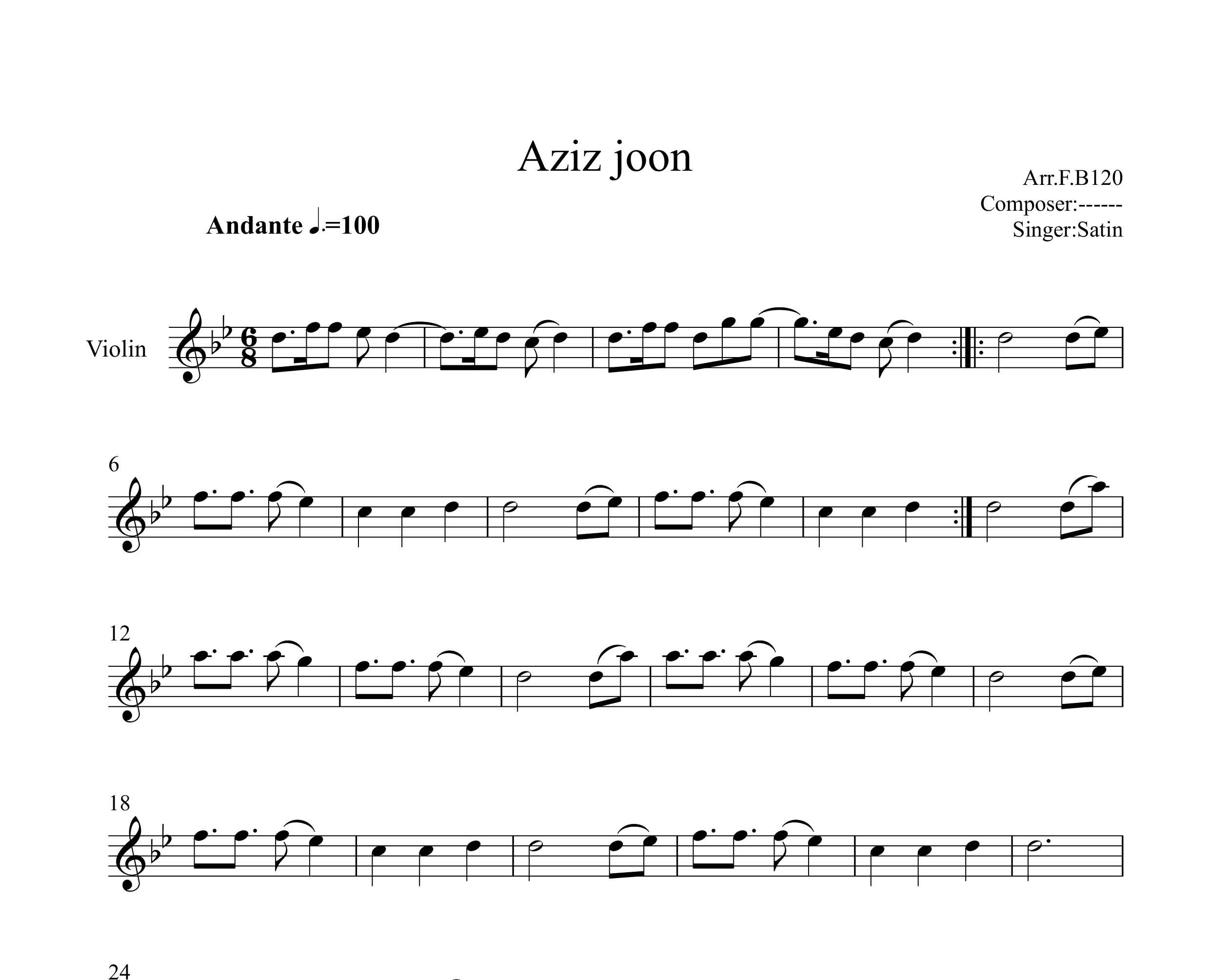 نت ویولن آهنگ عزیز جون از ستین