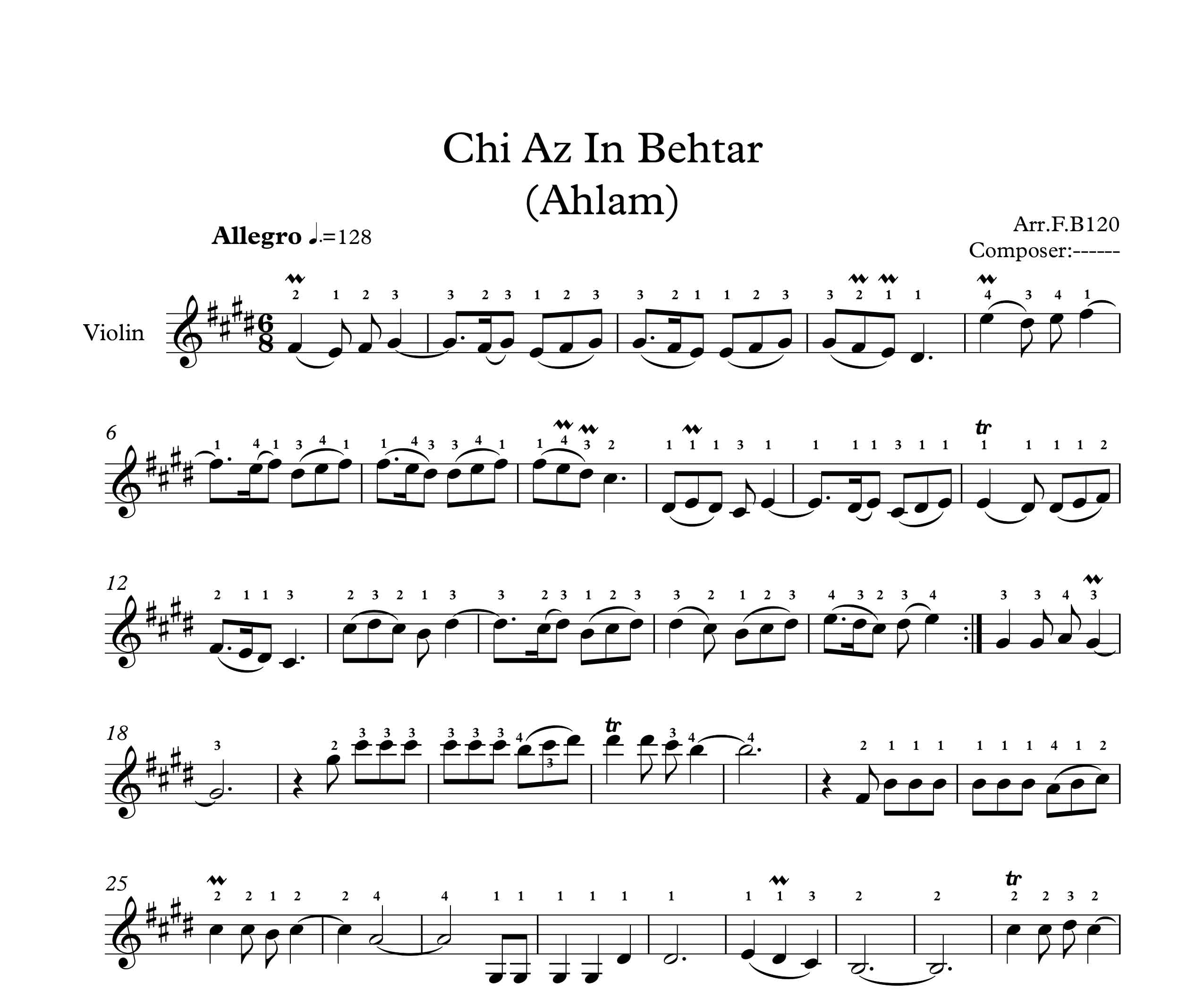 نت ویولن آهنگ چی از این بهتر از احلام