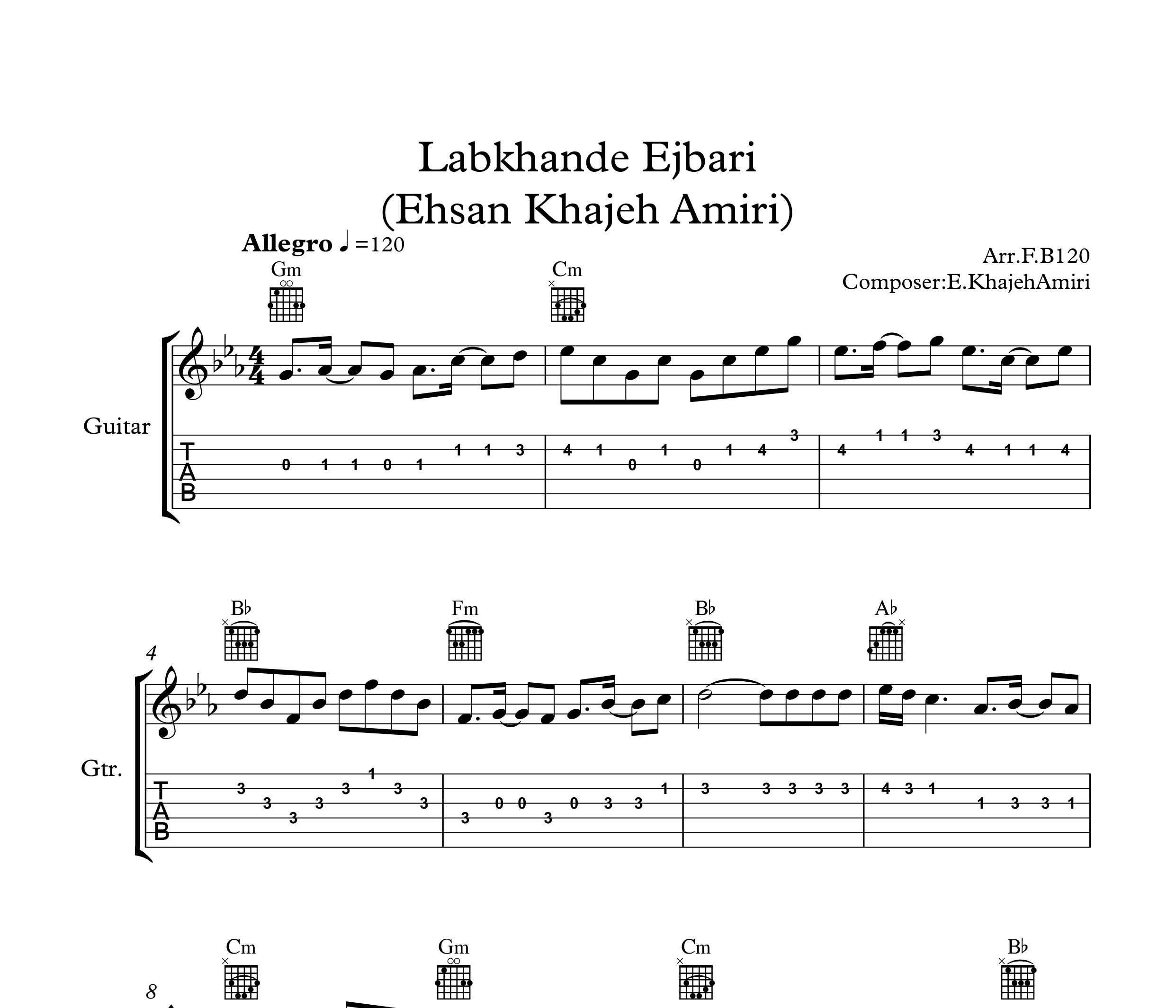 نت گیتار آهنگ لبخند اجباری از احسان خواجه امیری به همراه تبلچر و آکورد